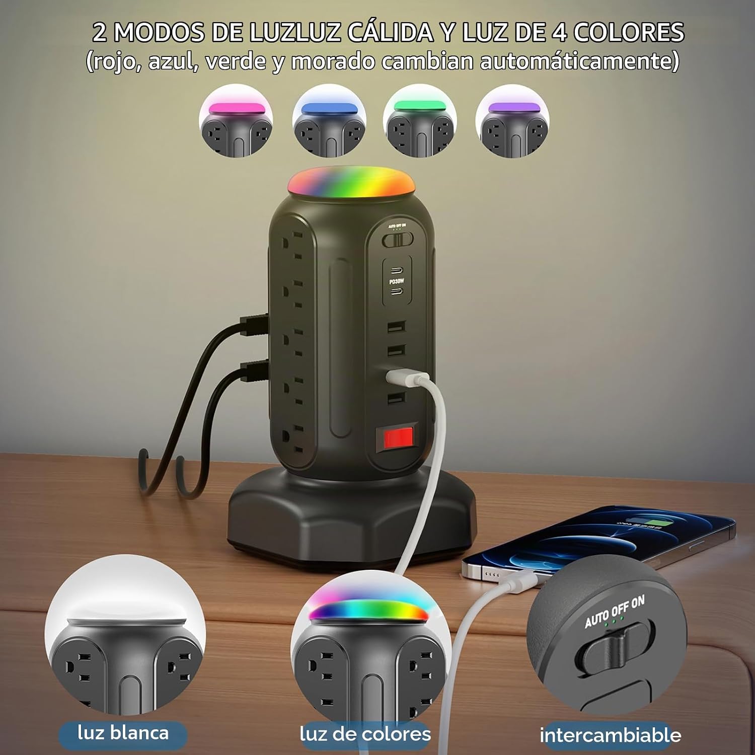 REGLETA DE ESCRITORIO TORRE CYAN BOX 15 TOMAS AC + 6 PUERTOS USB CON CARGA RÁPIDA PD 30W Y LUZ NOCTURNA RGB - 3