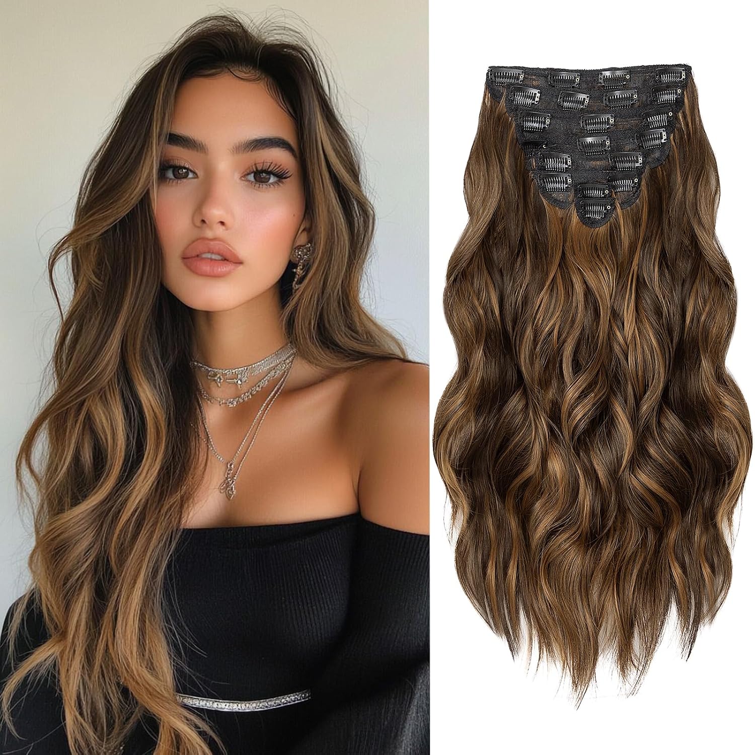 EXTENSIONES DE CABELLO CLIP-IN ONDULADAS 8 PIEZAS 20 PULGADAS MARRÓN OSCURO Y MARRÓN CLARO - 1