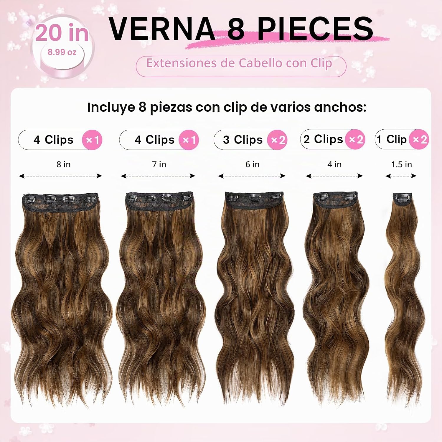 EXTENSIONES DE CABELLO CLIP-IN ONDULADAS 8 PIEZAS 20 PULGADAS MARRÓN OSCURO Y MARRÓN CLARO - 2