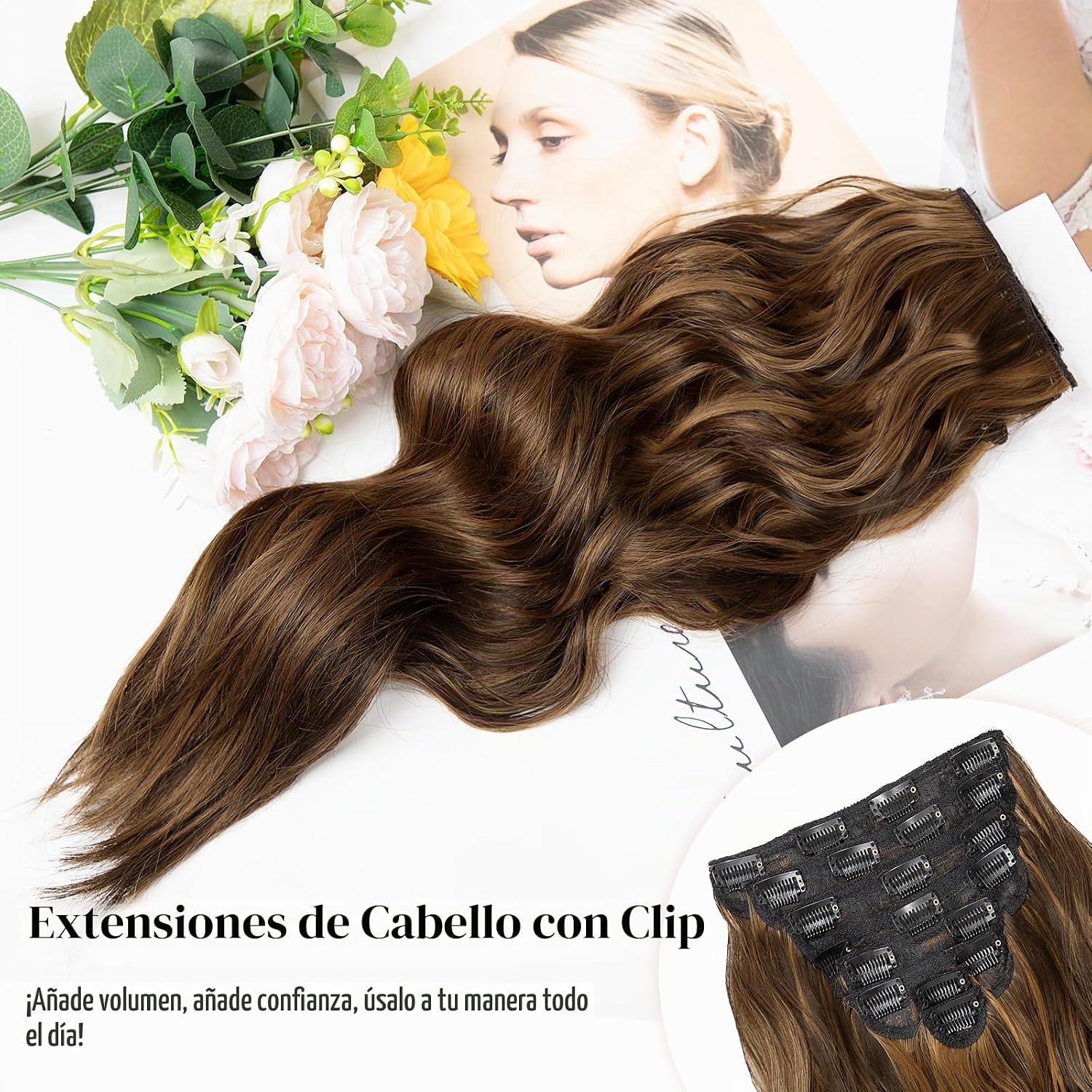 EXTENSIONES DE CABELLO CLIP-IN ONDULADAS 8 PIEZAS 20 PULGADAS MARRÓN OSCURO Y MARRÓN CLARO - 3