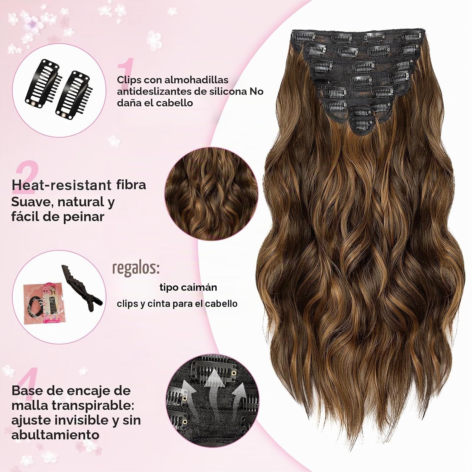 EXTENSIONES DE CABELLO CLIP-IN ONDULADAS 8 PIEZAS 20 PULGADAS MARRÓN OSCURO Y MARRÓN CLARO - 4