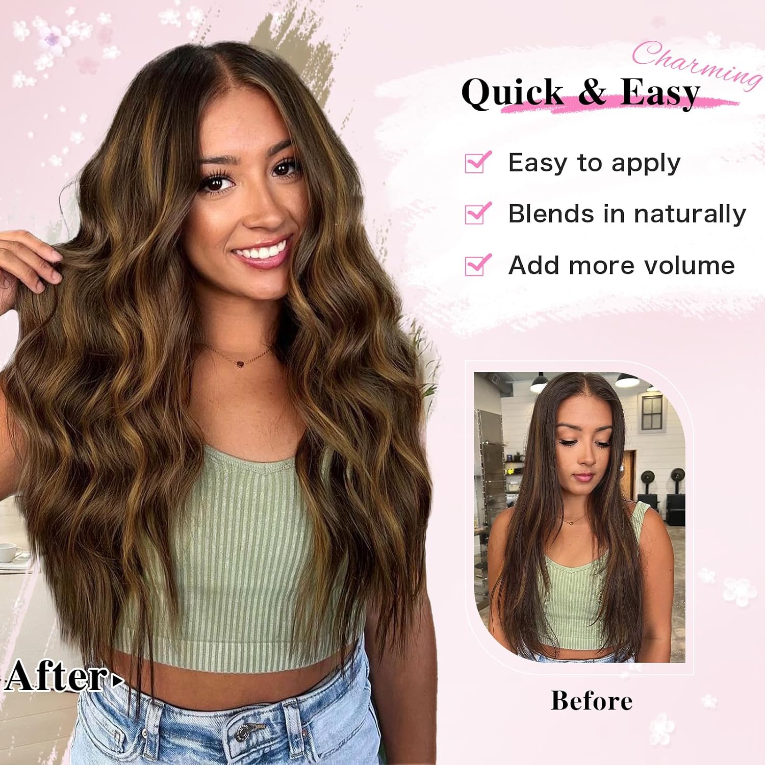 EXTENSIONES DE CABELLO CLIP-IN ONDULADAS 8 PIEZAS 20 PULGADAS MARRÓN OSCURO Y MARRÓN CLARO - 5