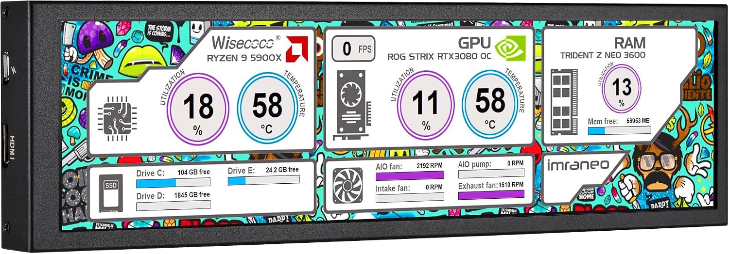 MONITOR SECUNDARIO WISECOCO 8.8 PULGADAS FHD IPS 1920X480 PARA TEMPERATURA CPU GPU - 1