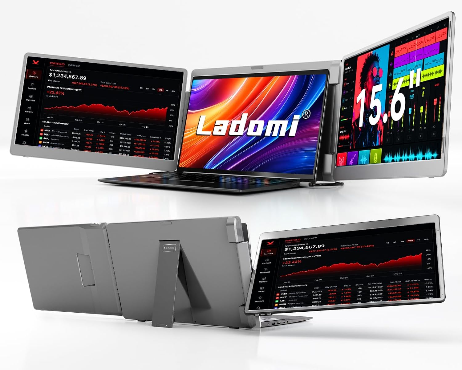 MONITOR PORTÁTIL LADOMI 15.6' FHD PARA LAPTOP, EXTENSIÓN DE PANTALLA TRIPLE CON ROTACIÓN 360° - 1