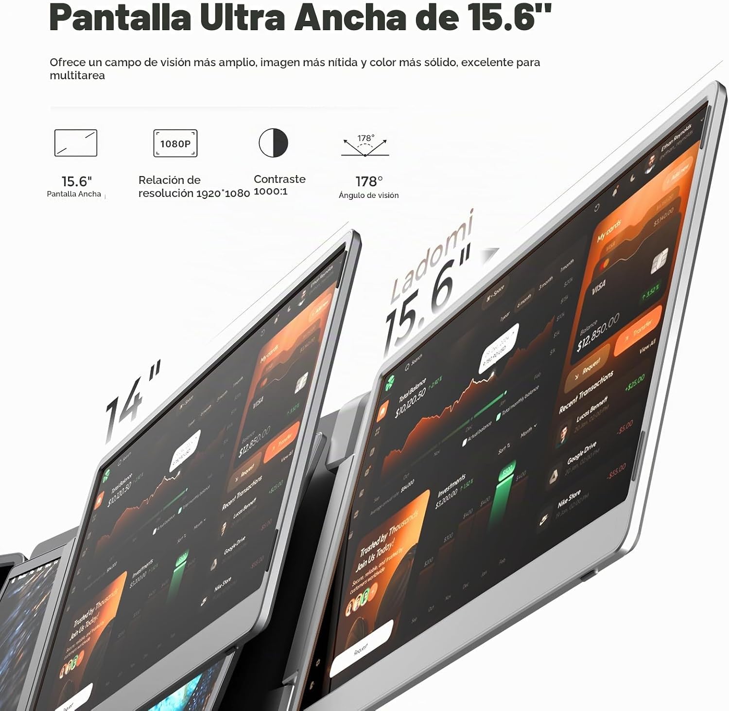 MONITOR PORTÁTIL LADOMI 15.6' FHD PARA LAPTOP, EXTENSIÓN DE PANTALLA TRIPLE CON ROTACIÓN 360° - 2