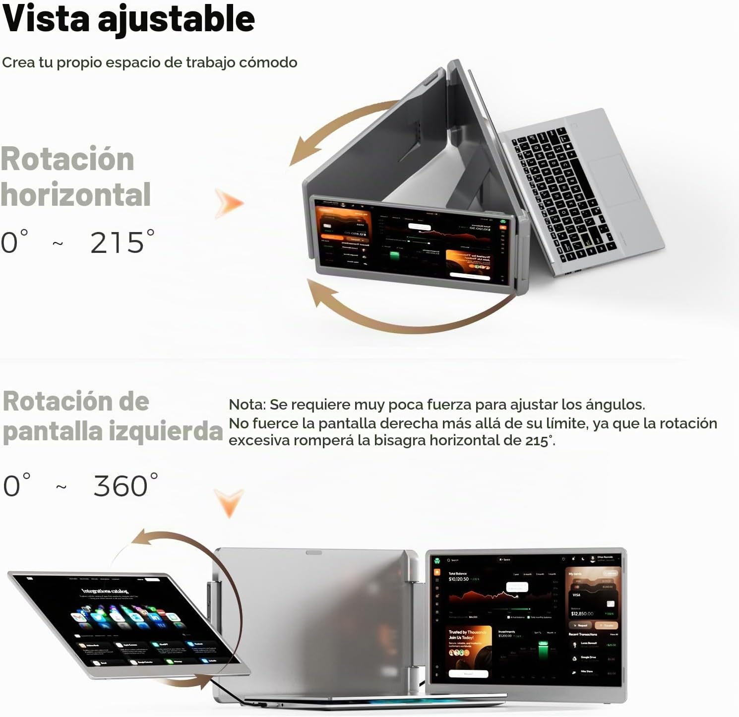 MONITOR PORTÁTIL LADOMI 15.6' FHD PARA LAPTOP, EXTENSIÓN DE PANTALLA TRIPLE CON ROTACIÓN 360° - 4