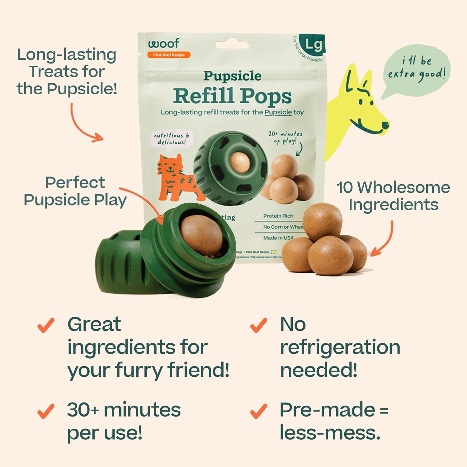 WOOF PUPSICLE PEANUT BUTTER Y BEEF REFILL POPS PREMIOS PARA PERROS TALLA GRANDE 3 PACK - 3