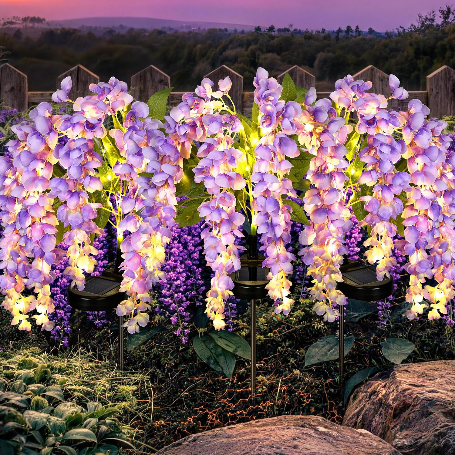 ESTACA SOLAR GIGALUMI WISTERIA FLORES MORADAS 3 PACK 2 MODOS - 1