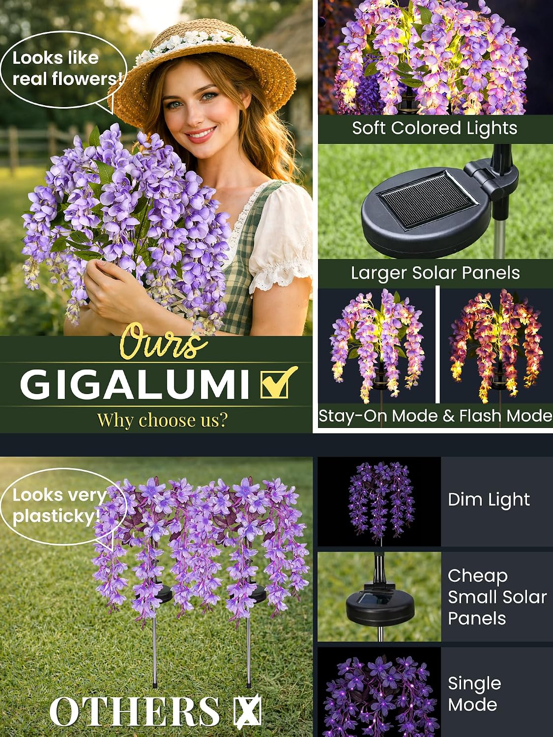 ESTACA SOLAR GIGALUMI WISTERIA FLORES MORADAS 3 PACK 2 MODOS - 2