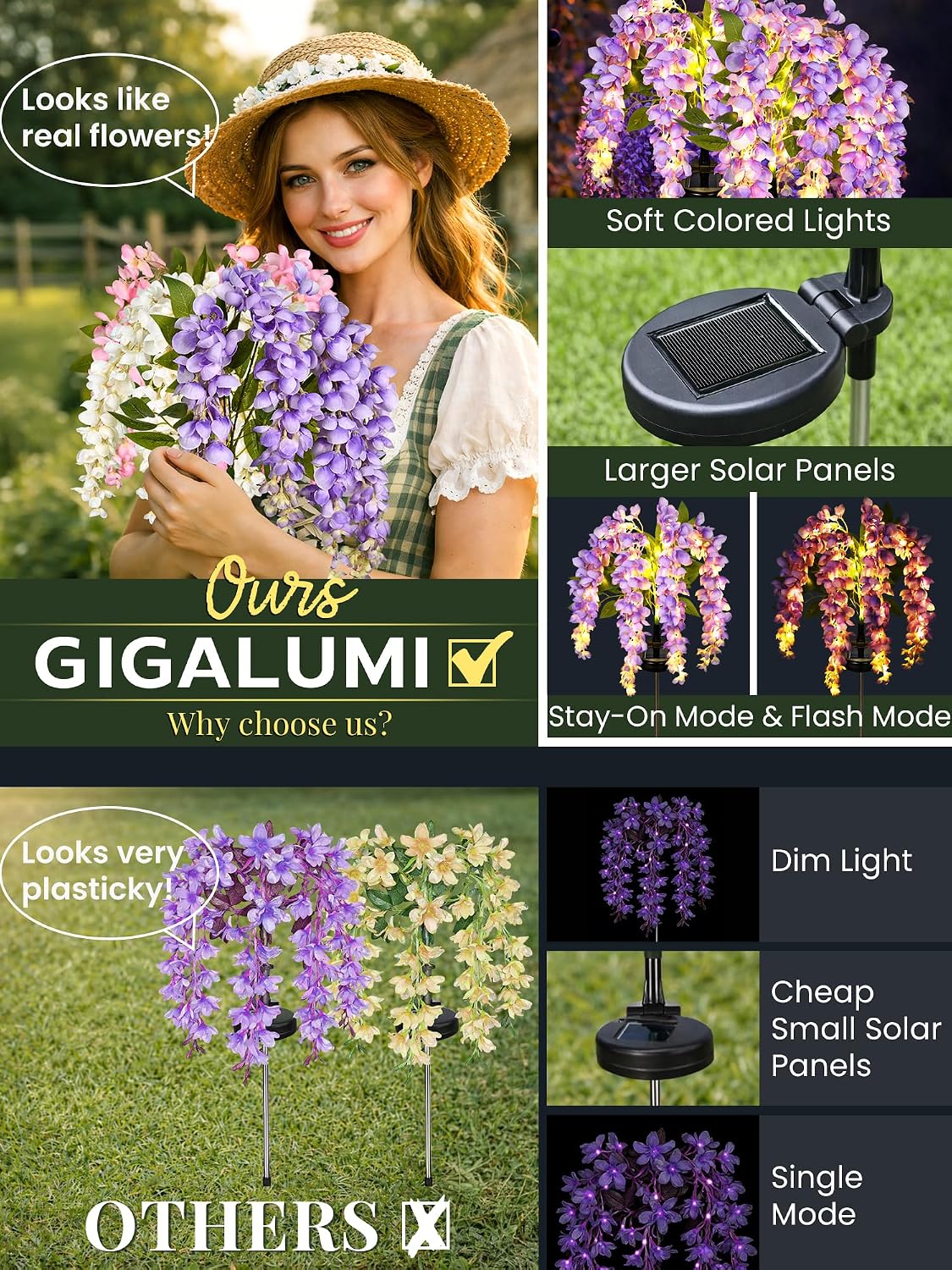 ESTACA SOLAR GIGALUMI WISTERIA FLORES MULTICOLOR 6 UNIDADES 2 MODOS - 2