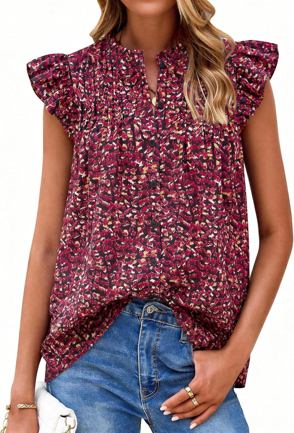 BLUSA PRETTYGARDEN BOTONES FLORAL VOLANTES MANGA CORTA CUELLO MOCK NECK - 1