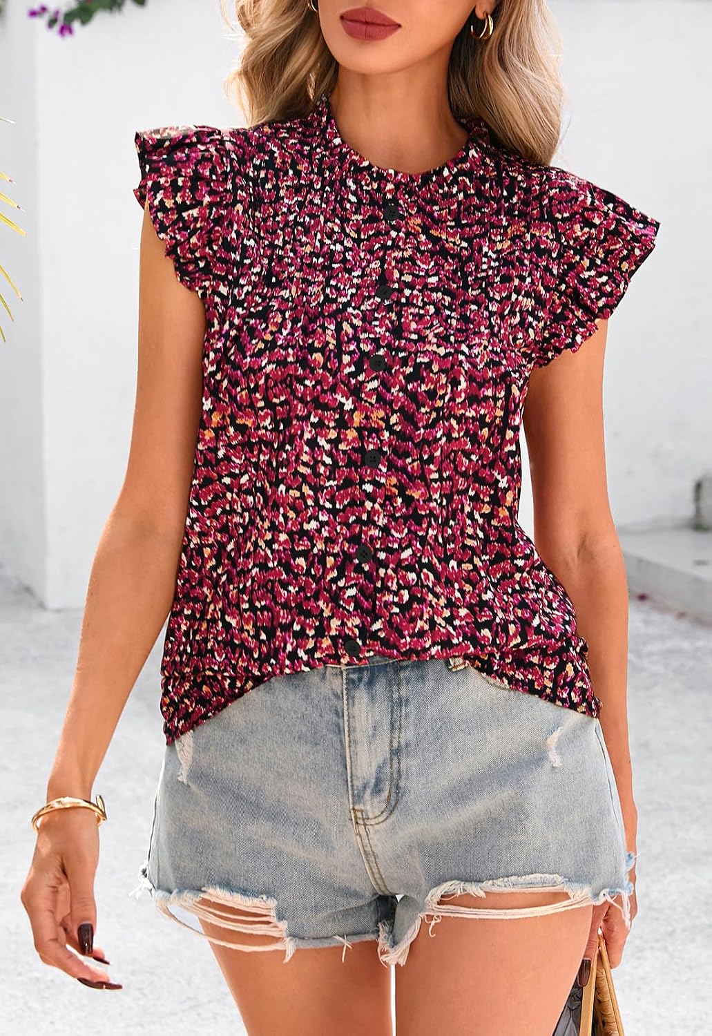BLUSA PRETTYGARDEN BOTONES FLORAL VOLANTES MANGA CORTA CUELLO MOCK NECK - 4