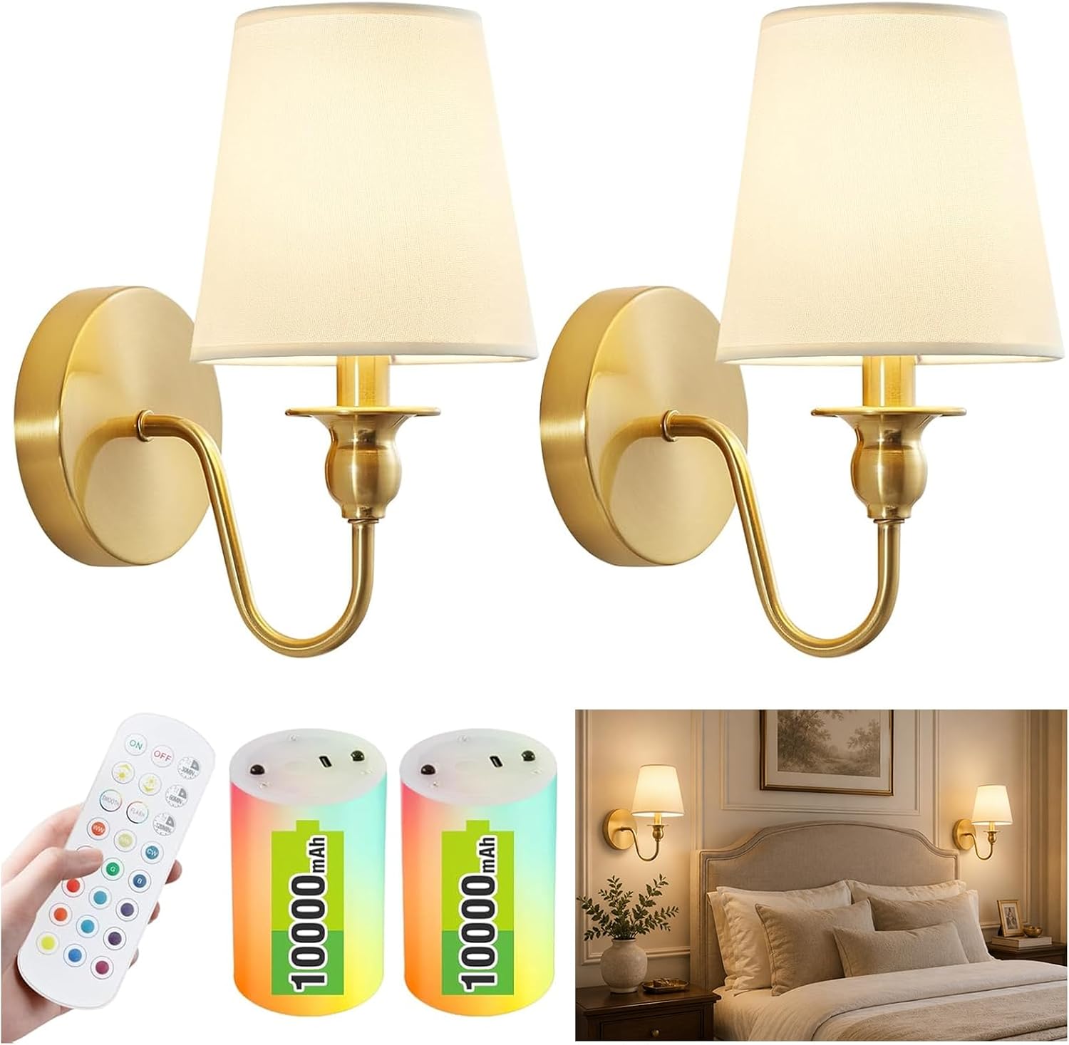 LÁMPARA DE PARED INALÁMBRICA MAGLAW SET DE 2 DORADO RECARGABLE RGB CON CONTROL REMOTO - 1