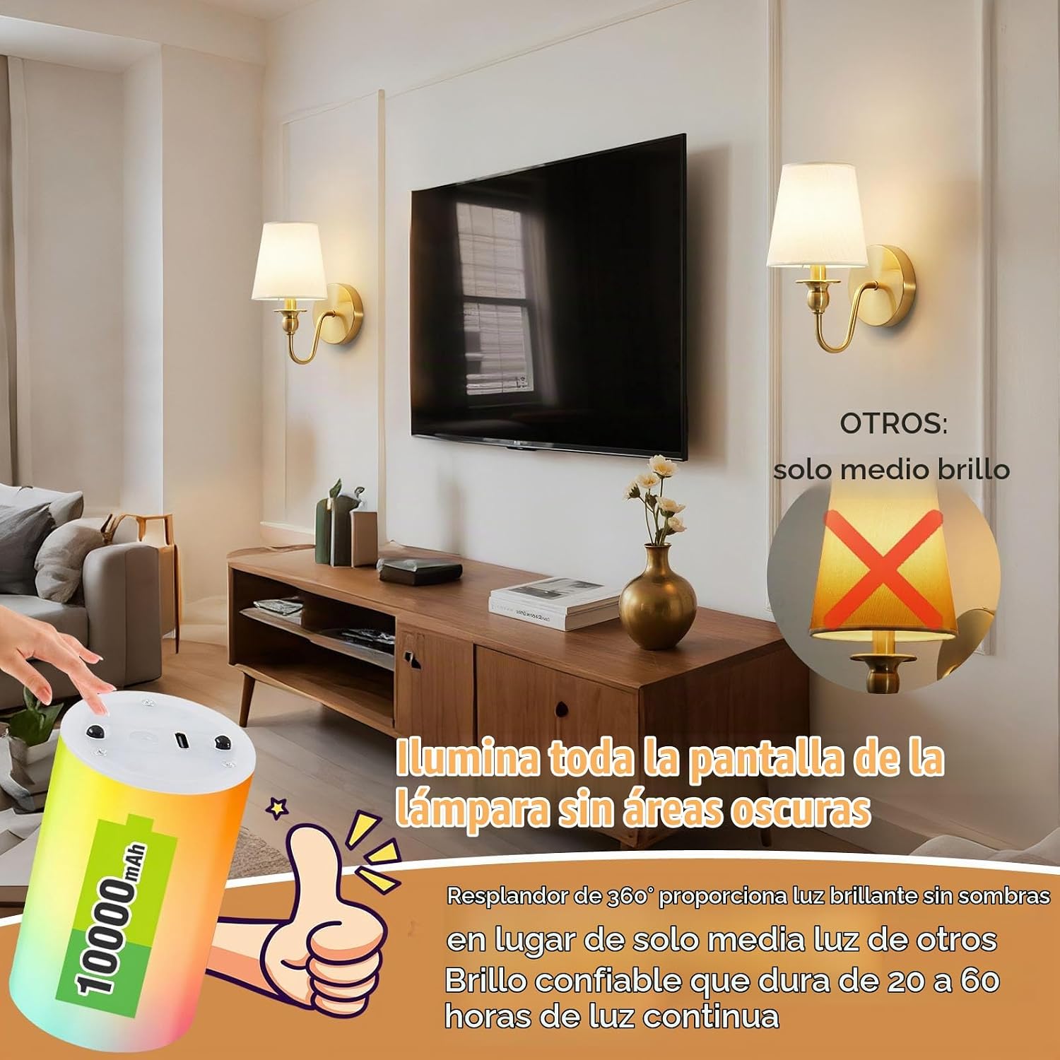 LÁMPARA DE PARED INALÁMBRICA MAGLAW SET DE 2 DORADO RECARGABLE RGB CON CONTROL REMOTO - 4