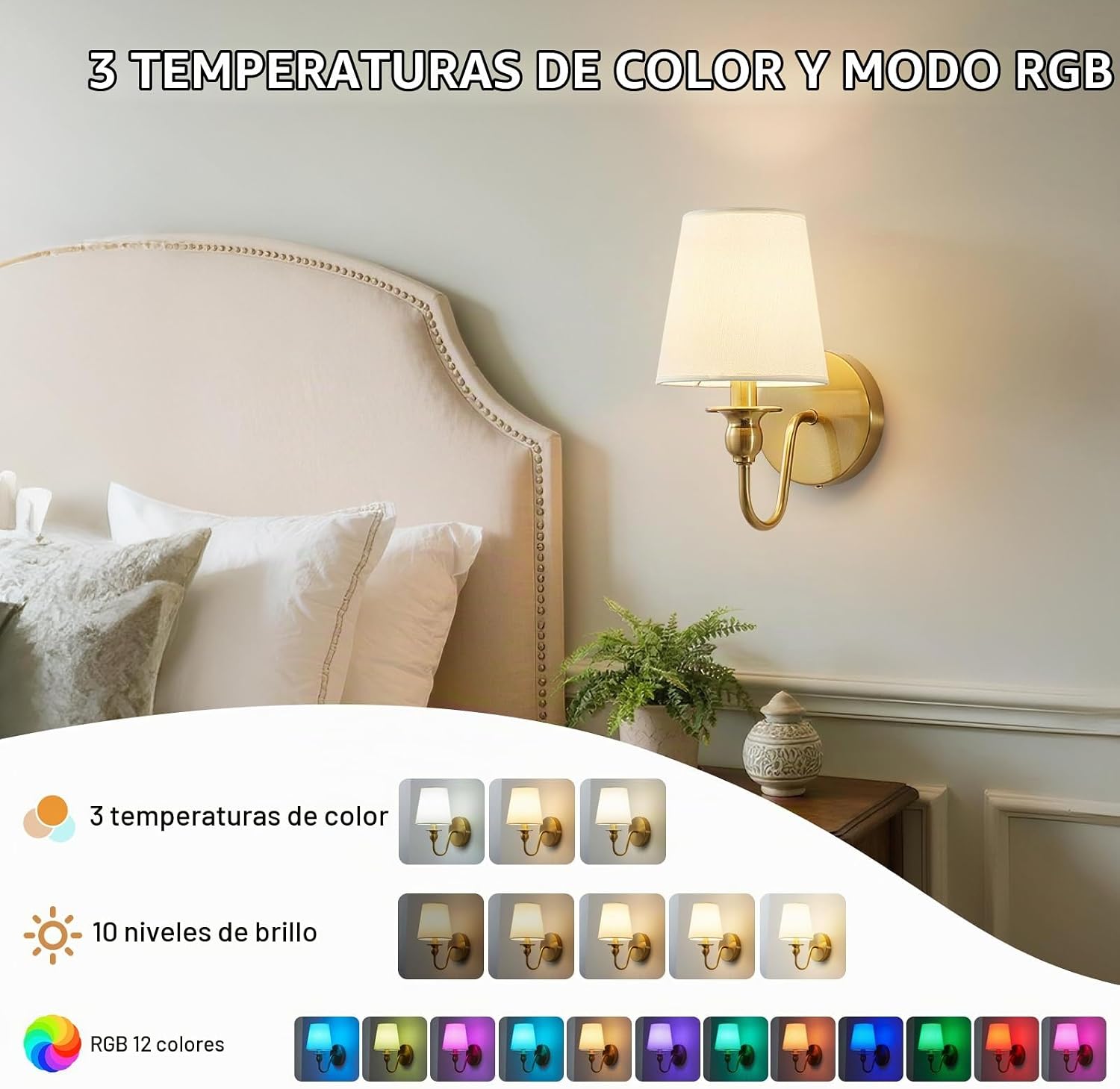 LÁMPARA DE PARED INALÁMBRICA MAGLAW SET DE 2 DORADO RECARGABLE RGB CON CONTROL REMOTO - 5