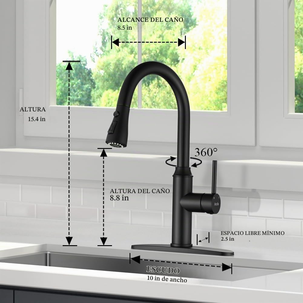 LLAVE PARA COCINA AROFA PULL-DOWN 3 MODOS NEGRO MATE ARCO ALTO - 2