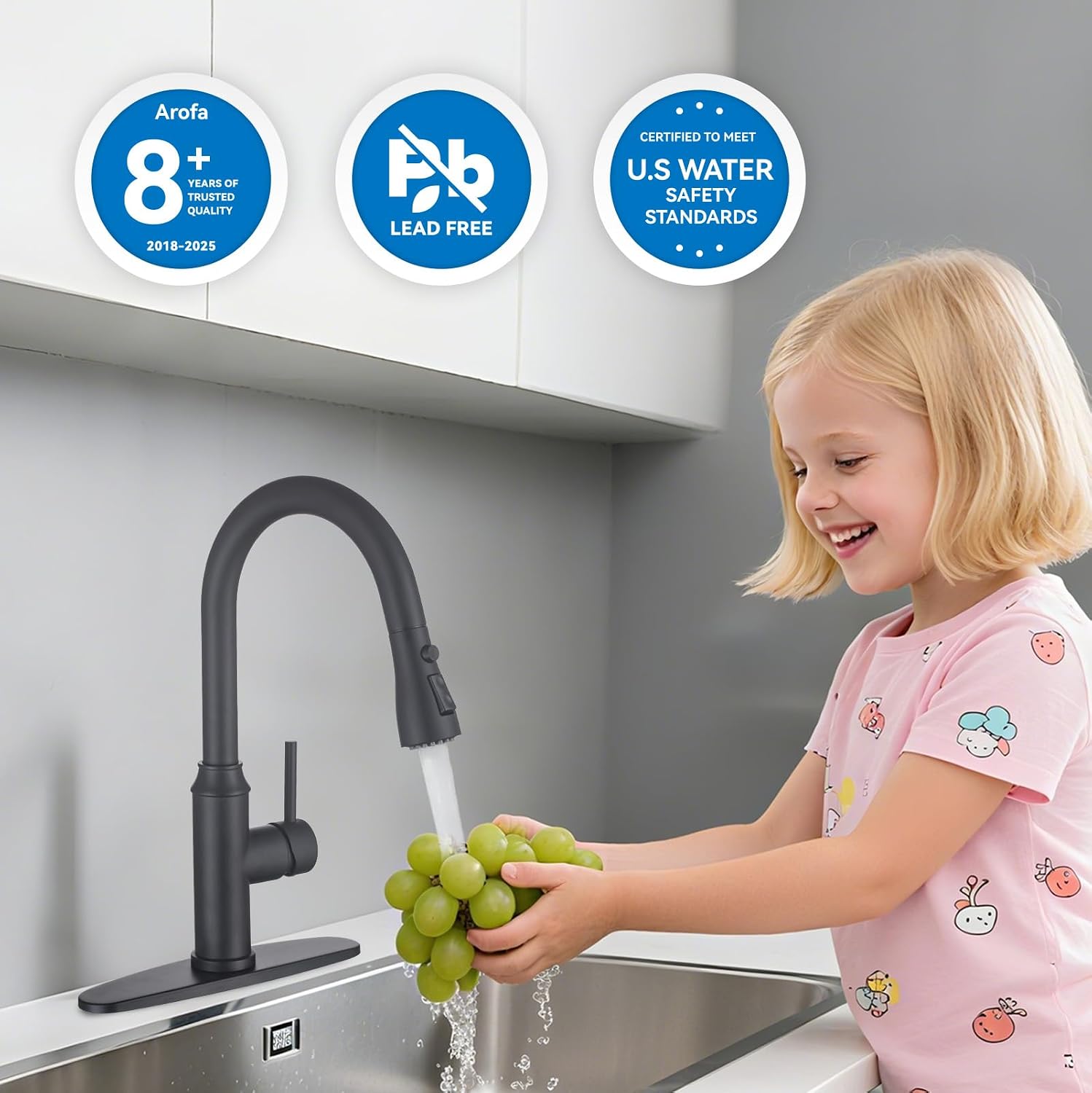 LLAVE PARA COCINA AROFA PULL-DOWN 3 MODOS NEGRO MATE ARCO ALTO - 3