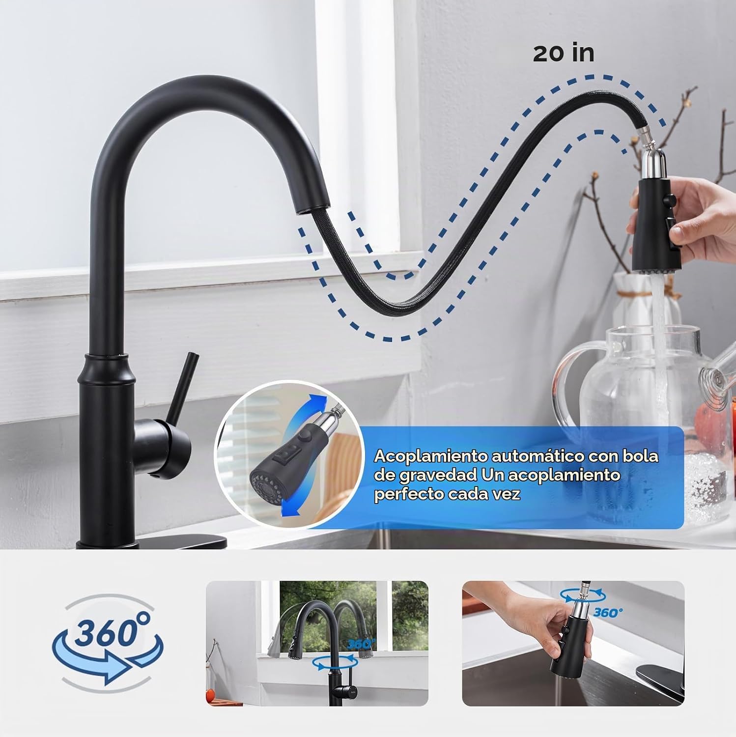 LLAVE PARA COCINA AROFA PULL-DOWN 3 MODOS NEGRO MATE ARCO ALTO - 4