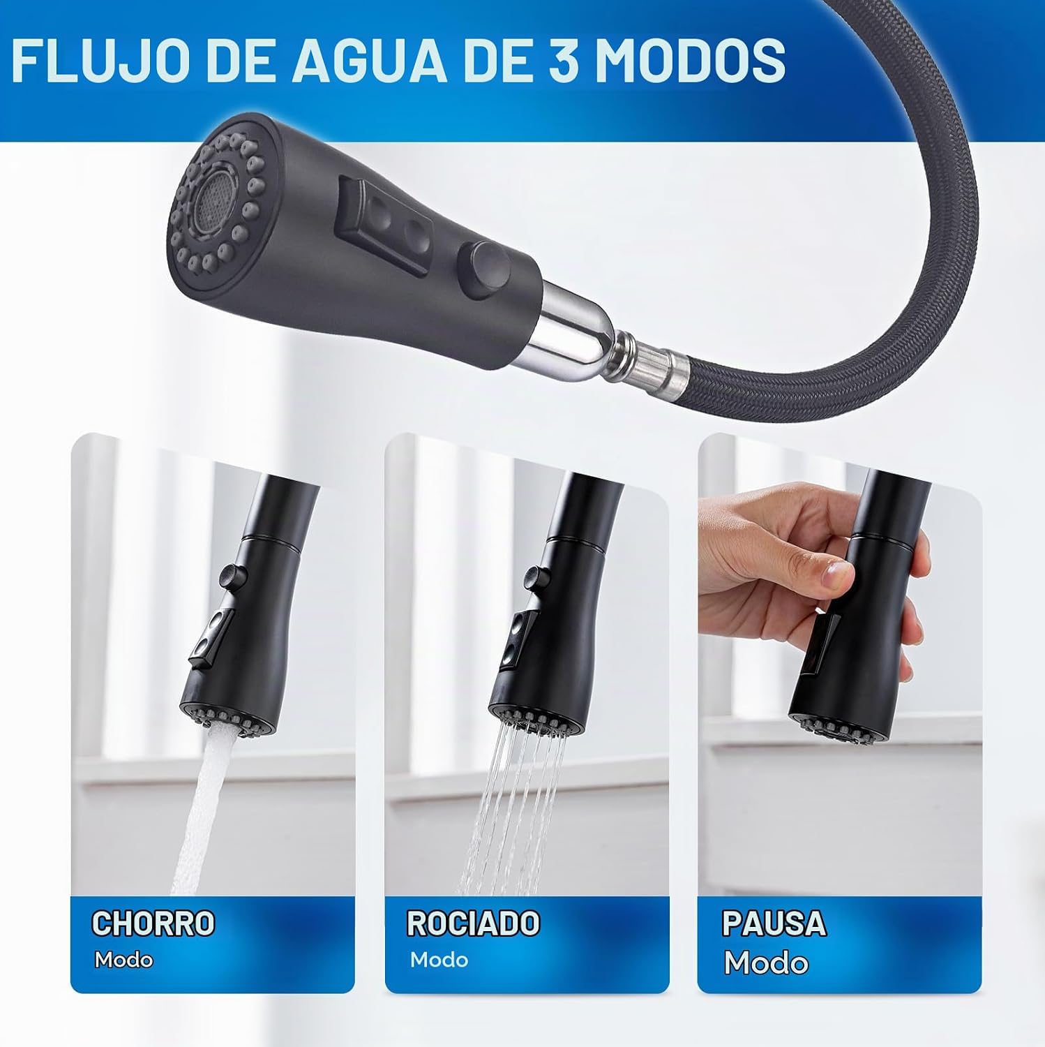 LLAVE PARA COCINA AROFA PULL-DOWN 3 MODOS NEGRO MATE ARCO ALTO - 5