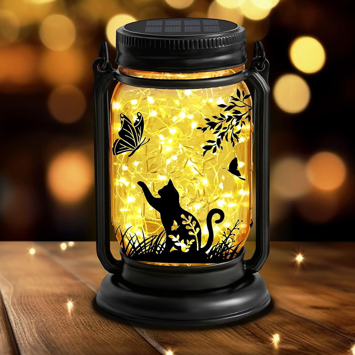 FAROL SOLAR EXTERIOR GATO Y MARIPOSA CON LUCES LED MASON JAR - 1