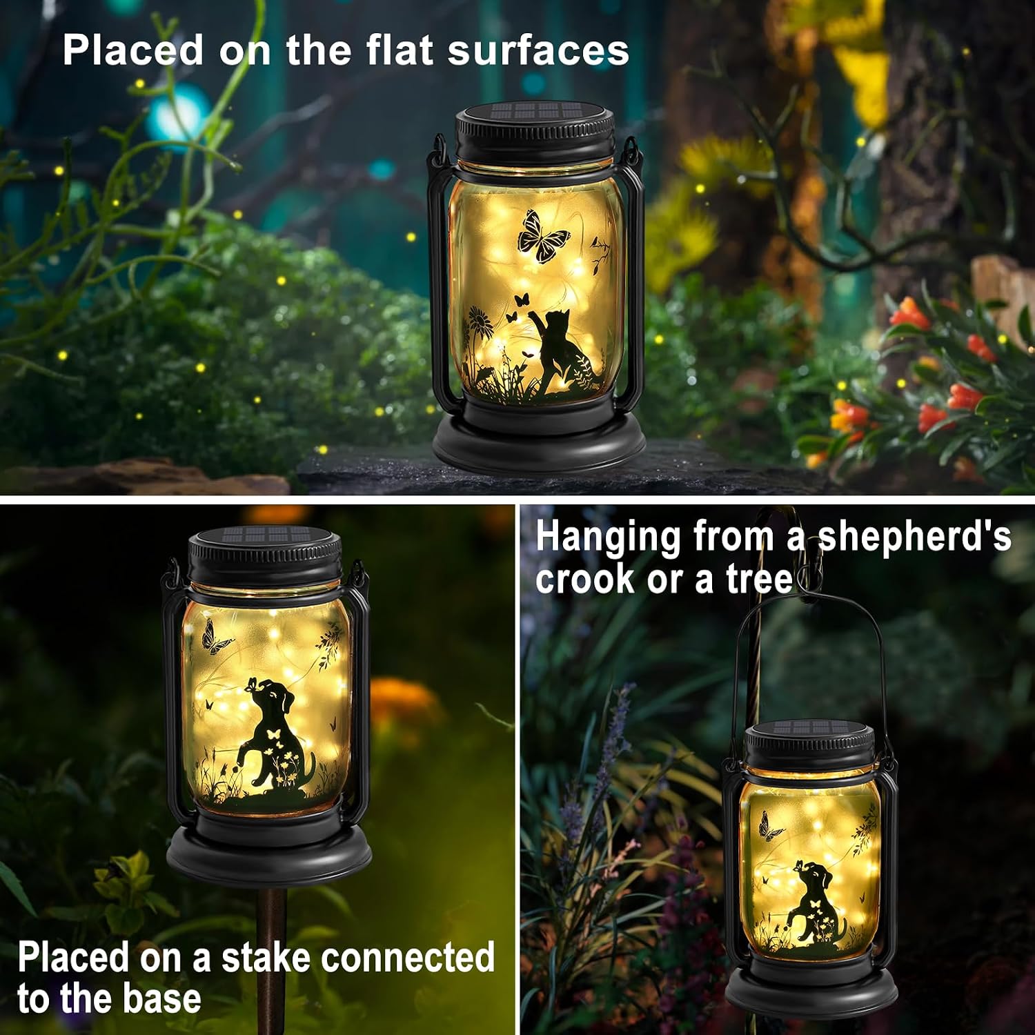 FAROL SOLAR EXTERIOR GATO Y MARIPOSA CON LUCES LED MASON JAR - 2