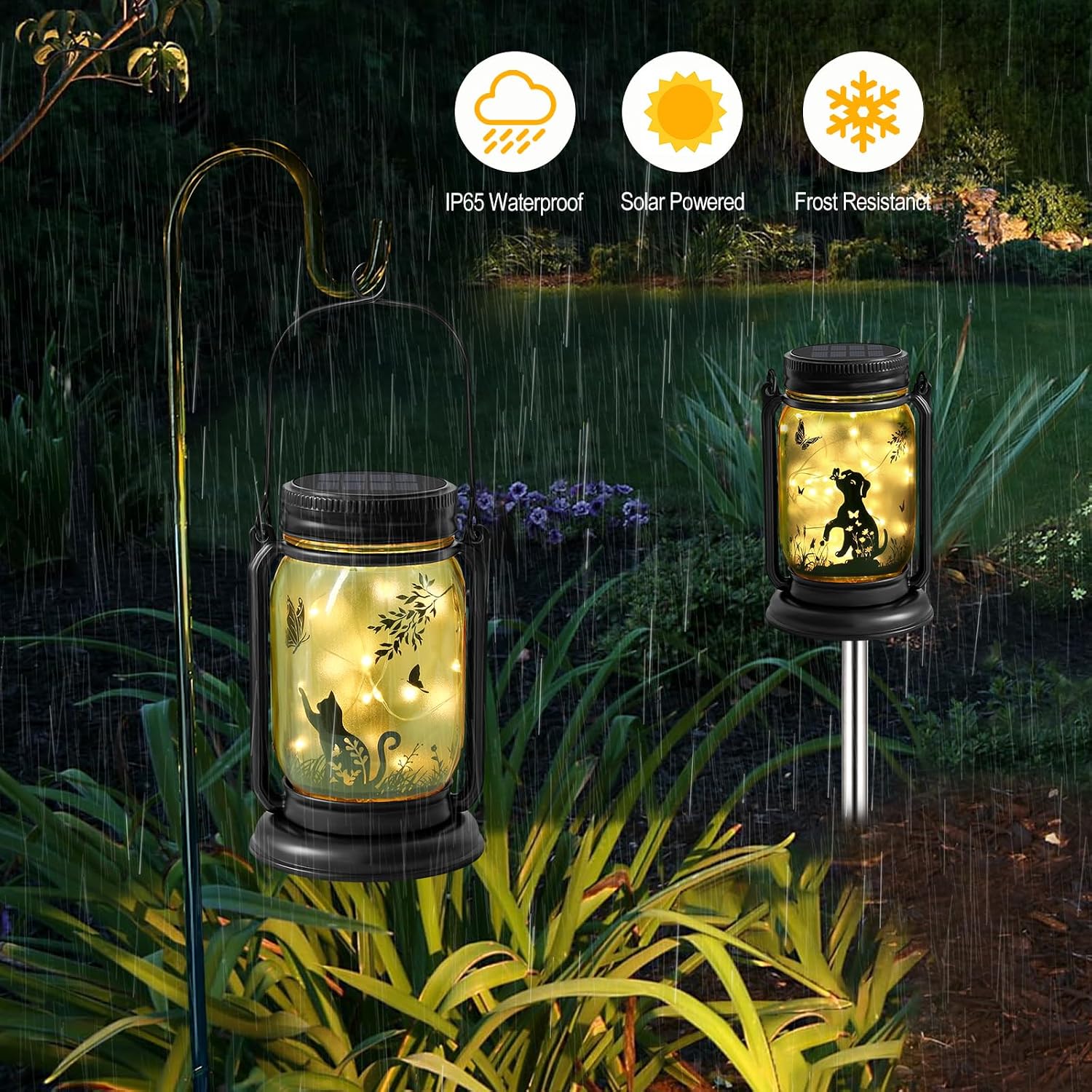 FAROL SOLAR EXTERIOR GATO Y MARIPOSA CON LUCES LED MASON JAR - 3