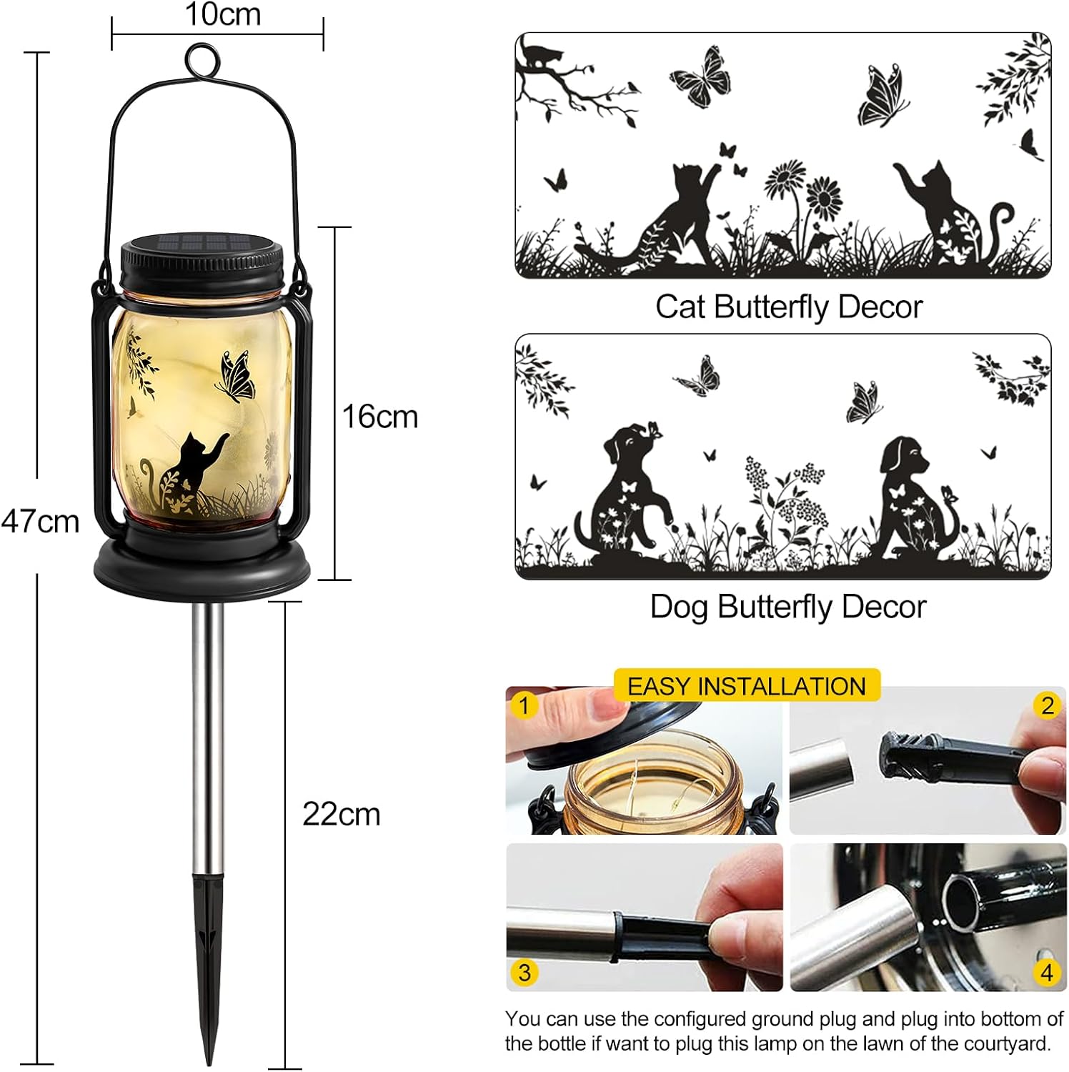 FAROL SOLAR EXTERIOR GATO Y MARIPOSA CON LUCES LED MASON JAR - 5