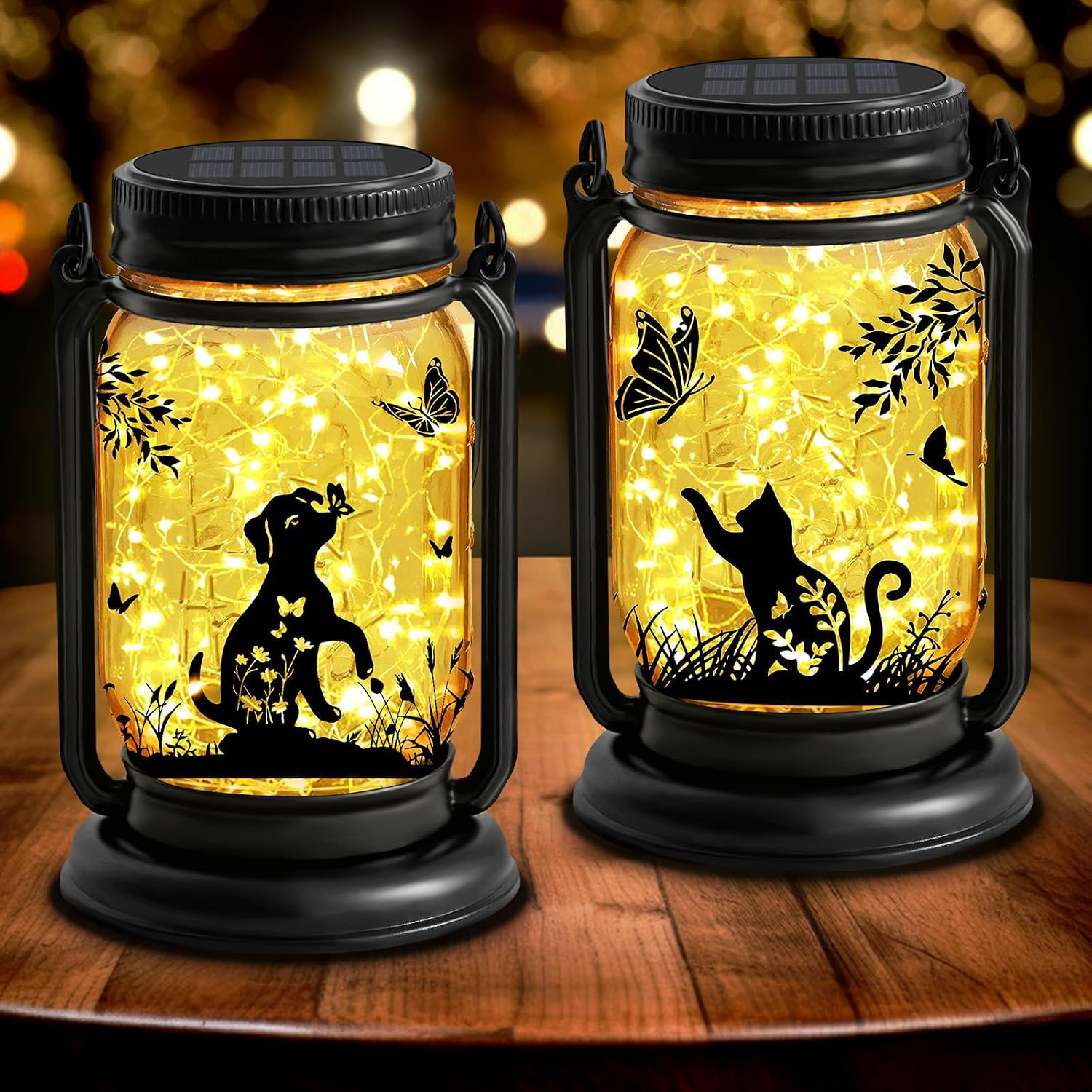 FAROL SOLAR COLGANTE EXTERIOR 2 PACK GATO PERRO MARIPOSA FRASCO VIDRIO - 1