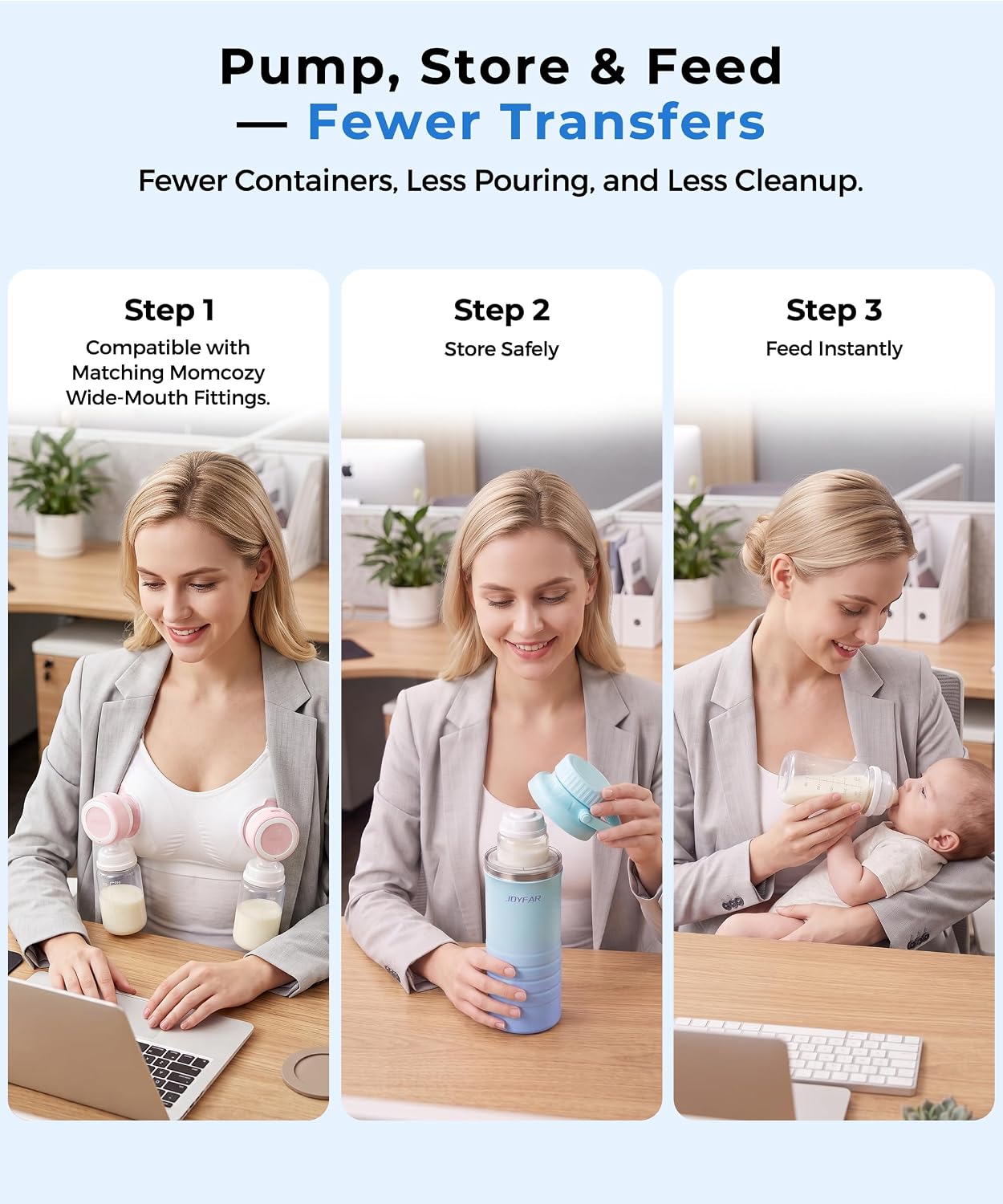 CONTENEDOR PARA LECHE MATERNA JOYFAR PORTÁTIL CON 2 BOTELLAS 22 OZ AZUL - 4