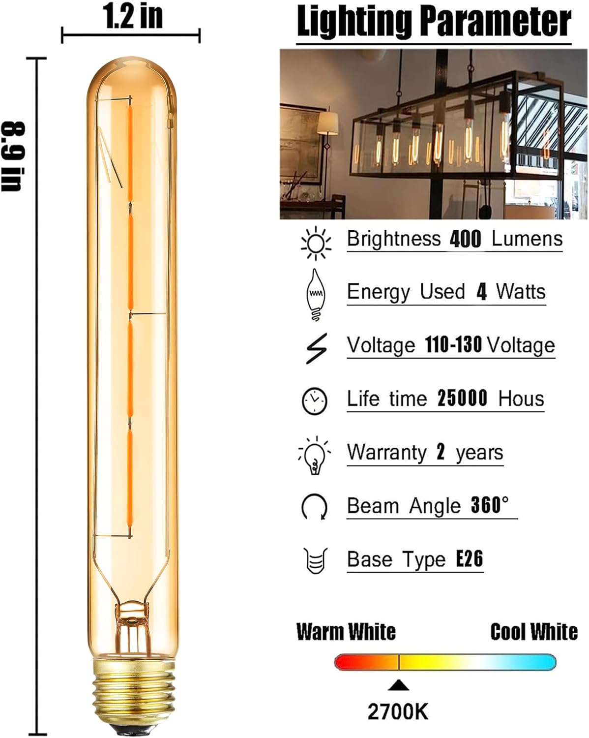 AMPOLLETA LED TUBULAR E26 T10 8.9 PULGADAS 4W LUZ CÁLIDA REGULABLE - 2