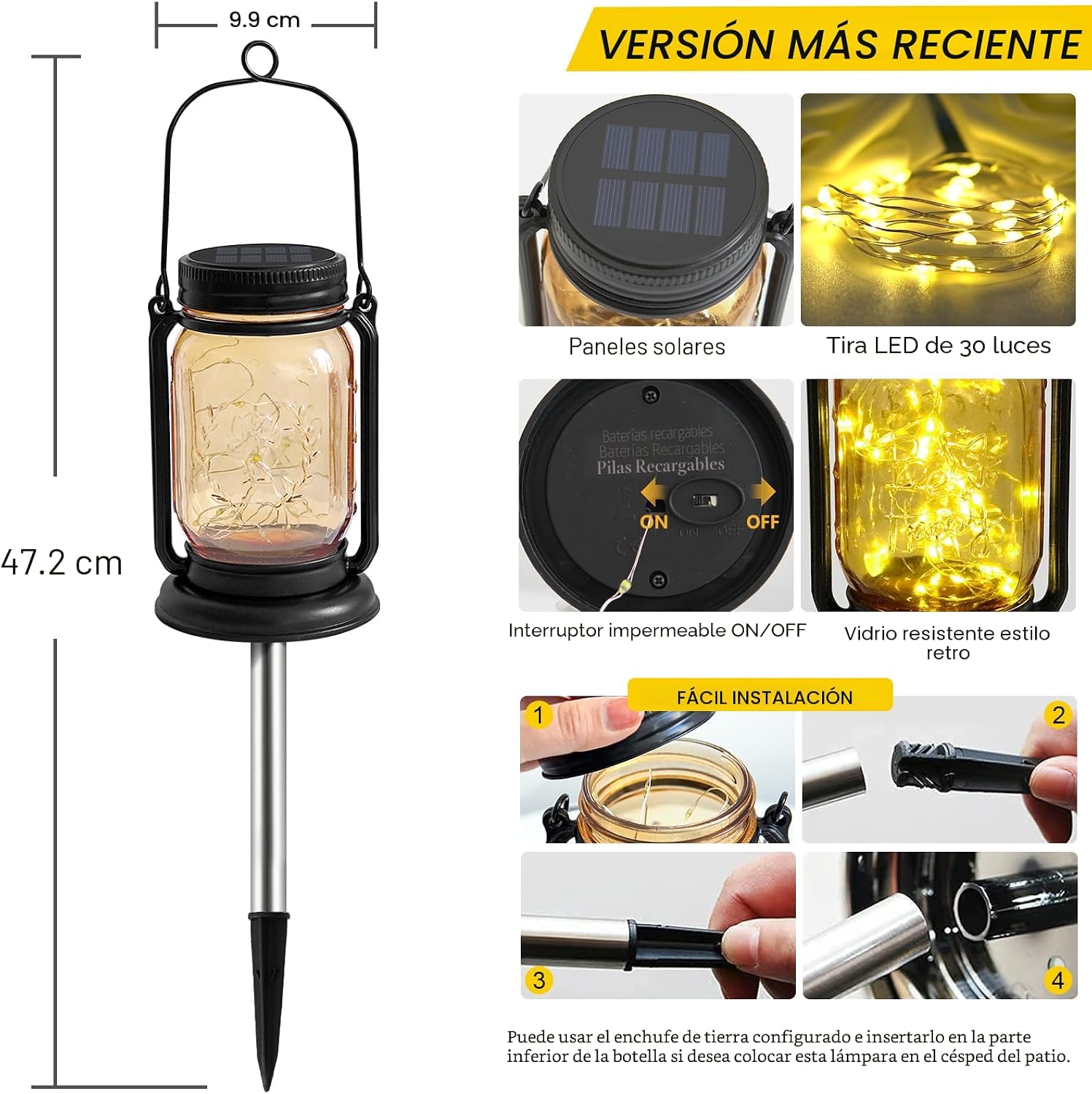 FAROL SOLAR COLGANTE MASON JAR CON 30 LEDS, JUEGO DE 4 UNIDADES - 4
