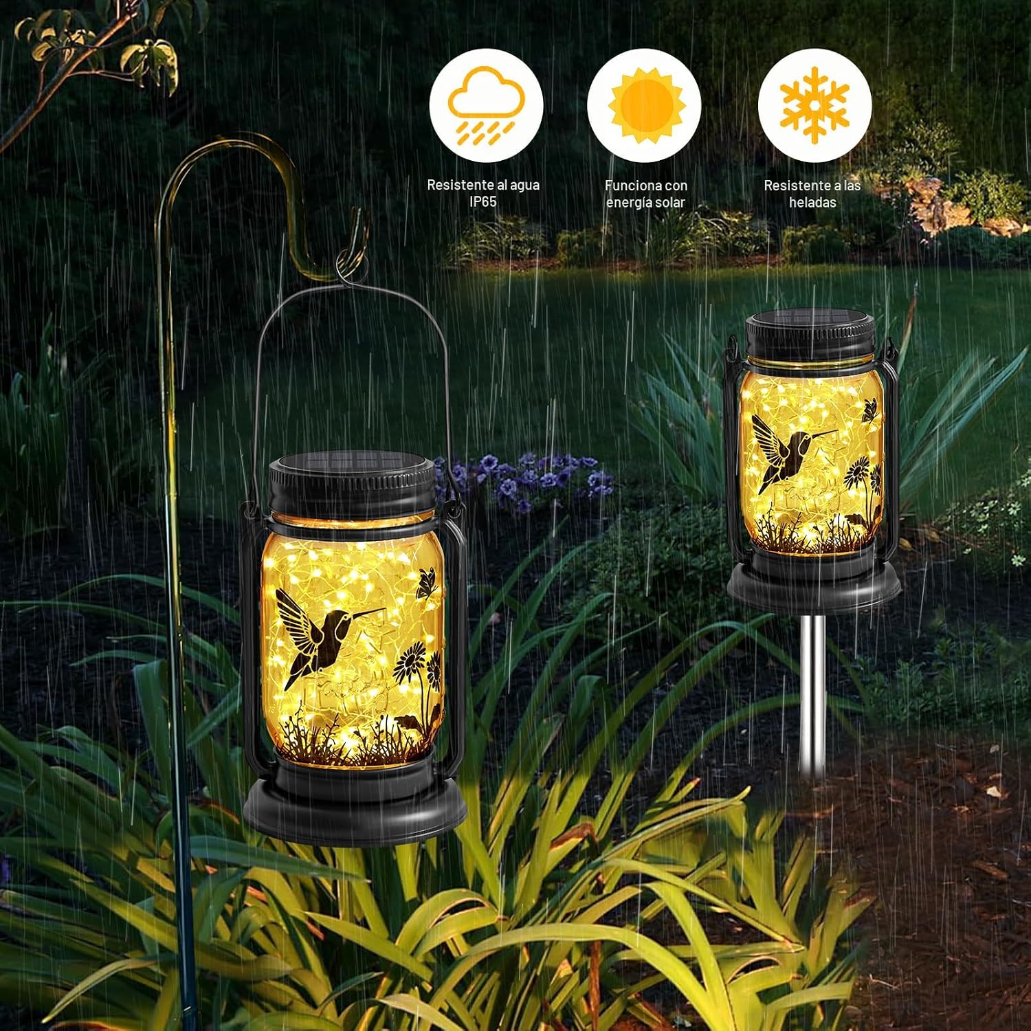 FAROL SOLAR EXTERIOR YJFWAL COLIBRÍ CON LUZ LED BLANCA CÁLIDA, PAQUETE DE 2 - 4