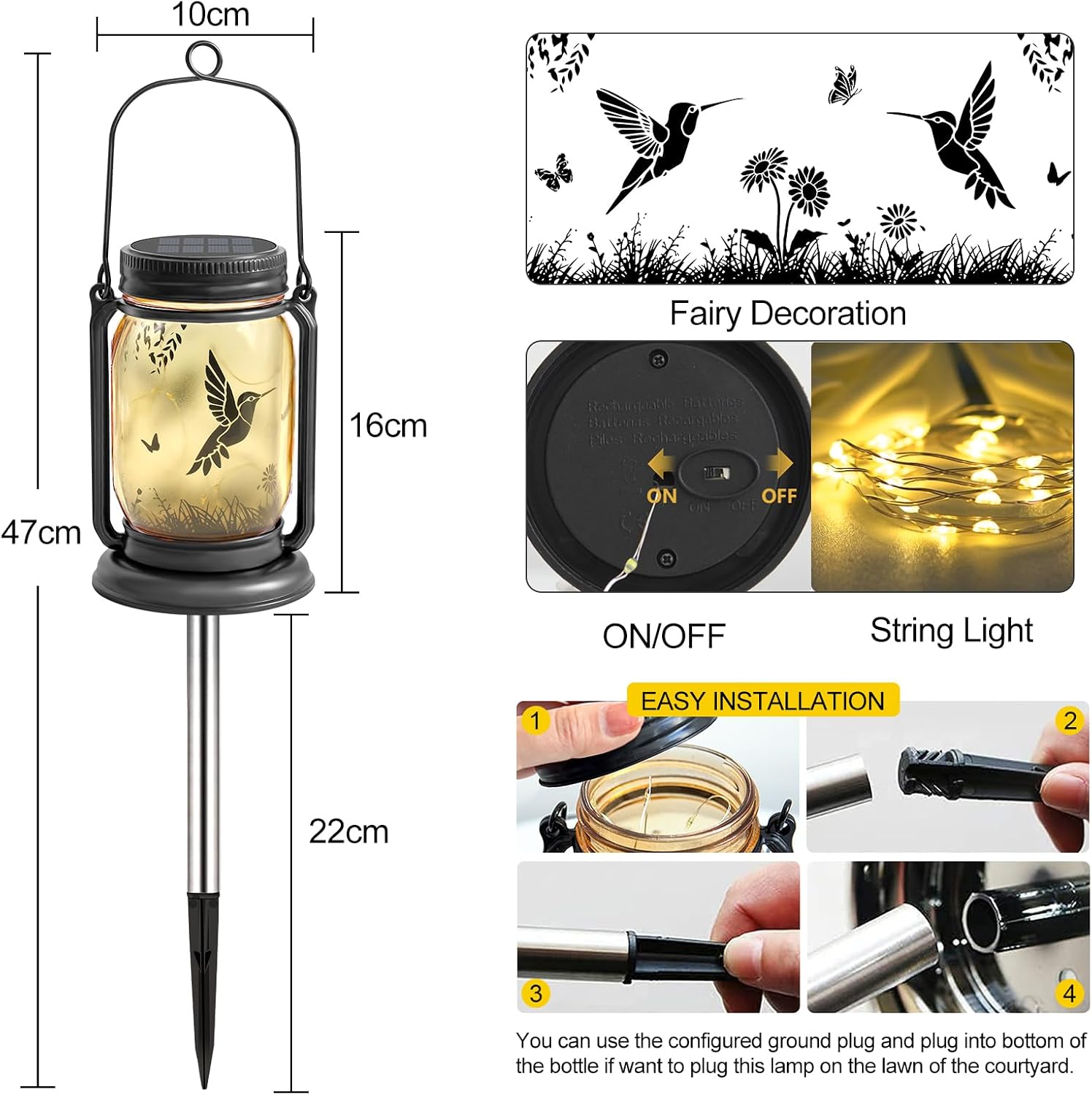 FAROL SOLAR EXTERIOR YJFWAL COLIBRÍ CON LUZ LED BLANCA CÁLIDA, PAQUETE DE 2 - 5