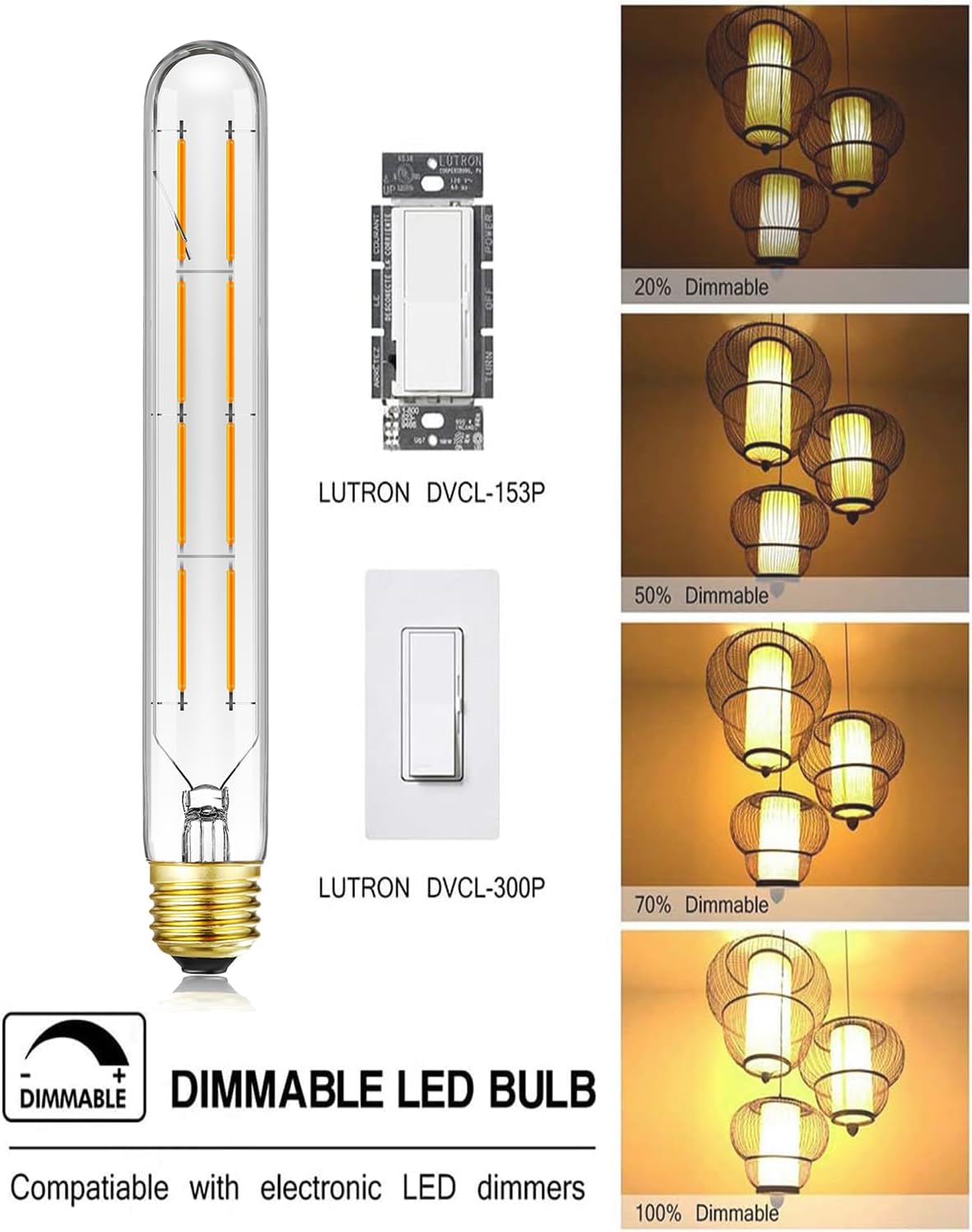 AMPOLLETA LED TUBULAR E26 8W LUZ CÁLIDA 2700K REGULABLE - 3