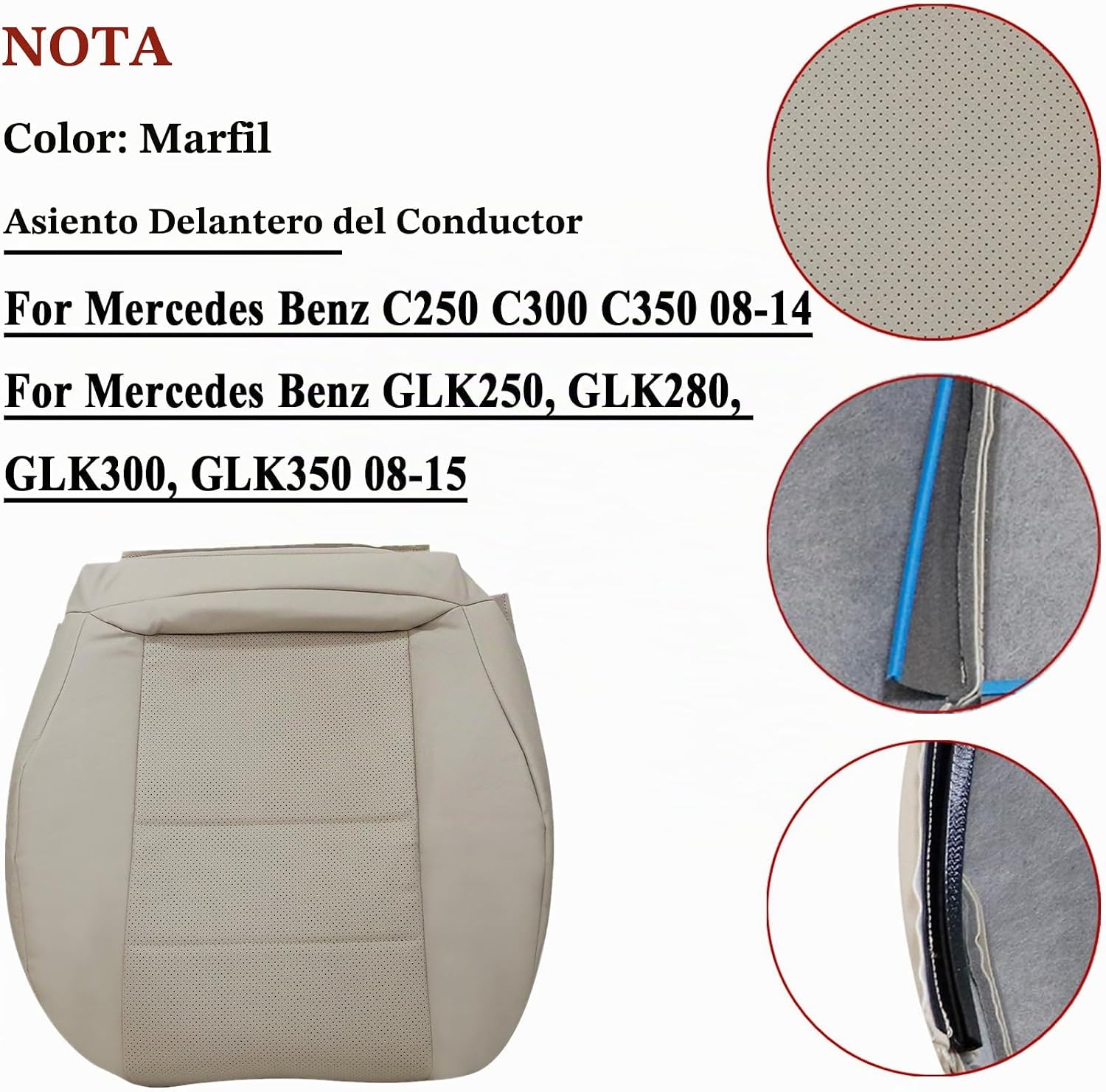 FUNDA DE ASIENTO REEMPLAZO NLQR FRENTE INFERIOR CUERO MICROFIBRA MARFIL MERCEDES BENZ C250 C300 C350 GLK 2008-2015 - 3