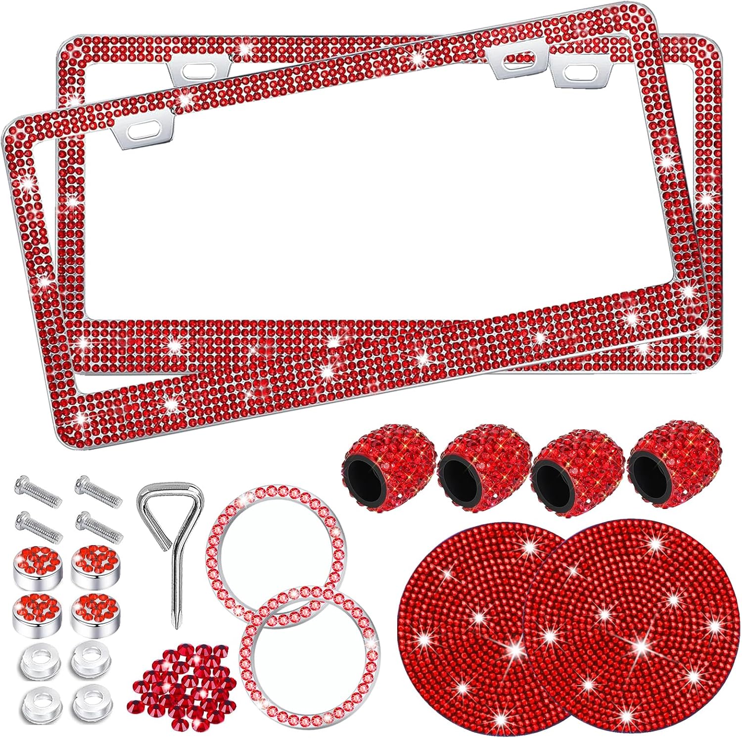 MARCO PARA PLACA DE AUTO YOGRVNER CON CRISTALES BRILLANTES, JUEGO DE 2 UNIDADES, ROJO - 1