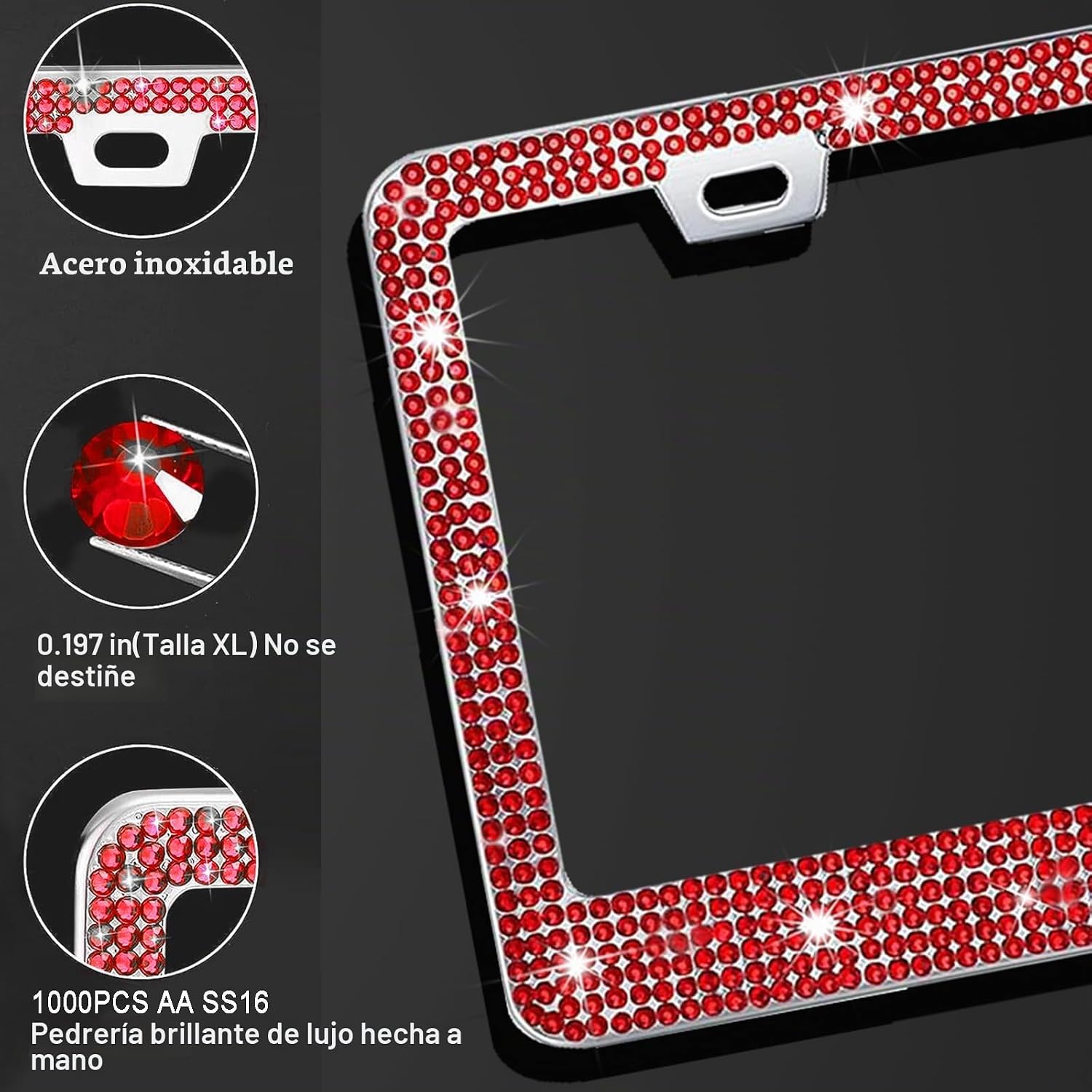 MARCO PARA PLACA DE AUTO YOGRVNER CON CRISTALES BRILLANTES, JUEGO DE 2 UNIDADES, ROJO - 3