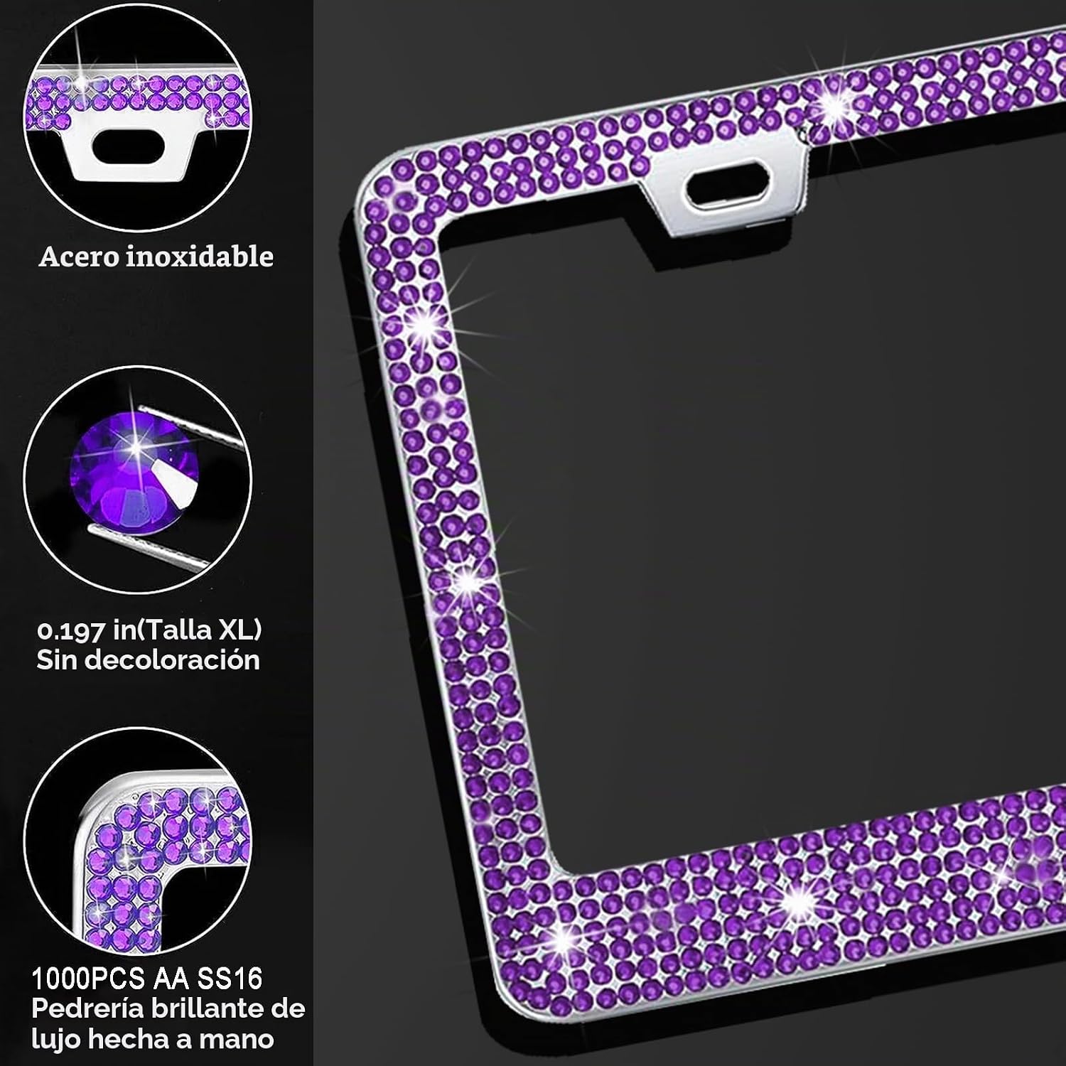 MARCO PARA PLACA DE AUTO YOGRVNER CON CRISTALES PÚRPURA, 2 UNIDADES - 3
