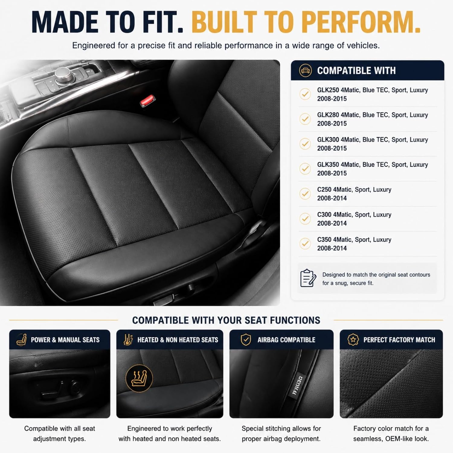 FUNDA DE ASIENTO INFERIOR PARA MERCEDES BENZ GLK Y C 2008-2015 NLQR CUERO MICROFIBRA NEGRO - 2