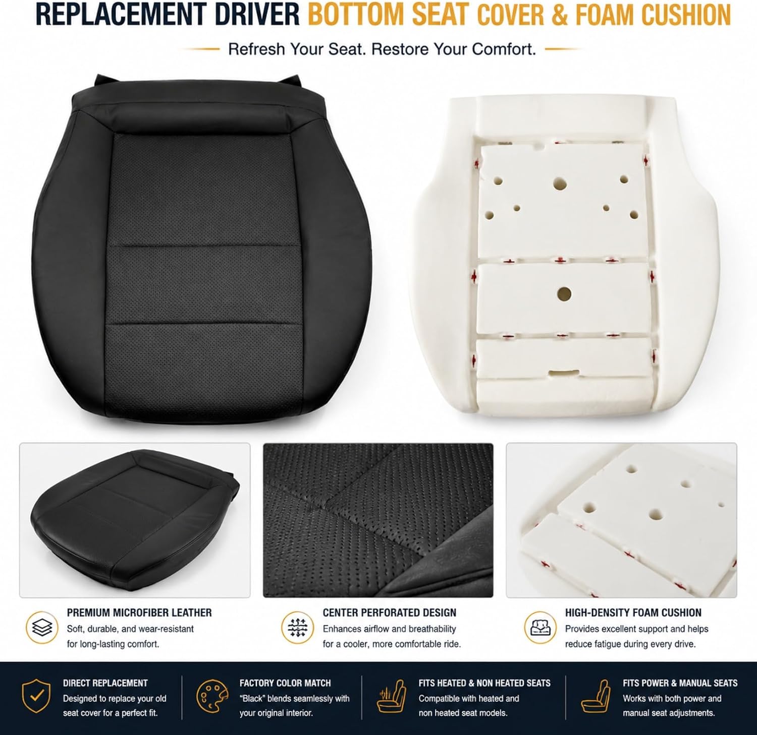 FUNDA DE ASIENTO INFERIOR PARA MERCEDES BENZ GLK Y C 2008-2015 NLQR CUERO MICROFIBRA NEGRO - 3