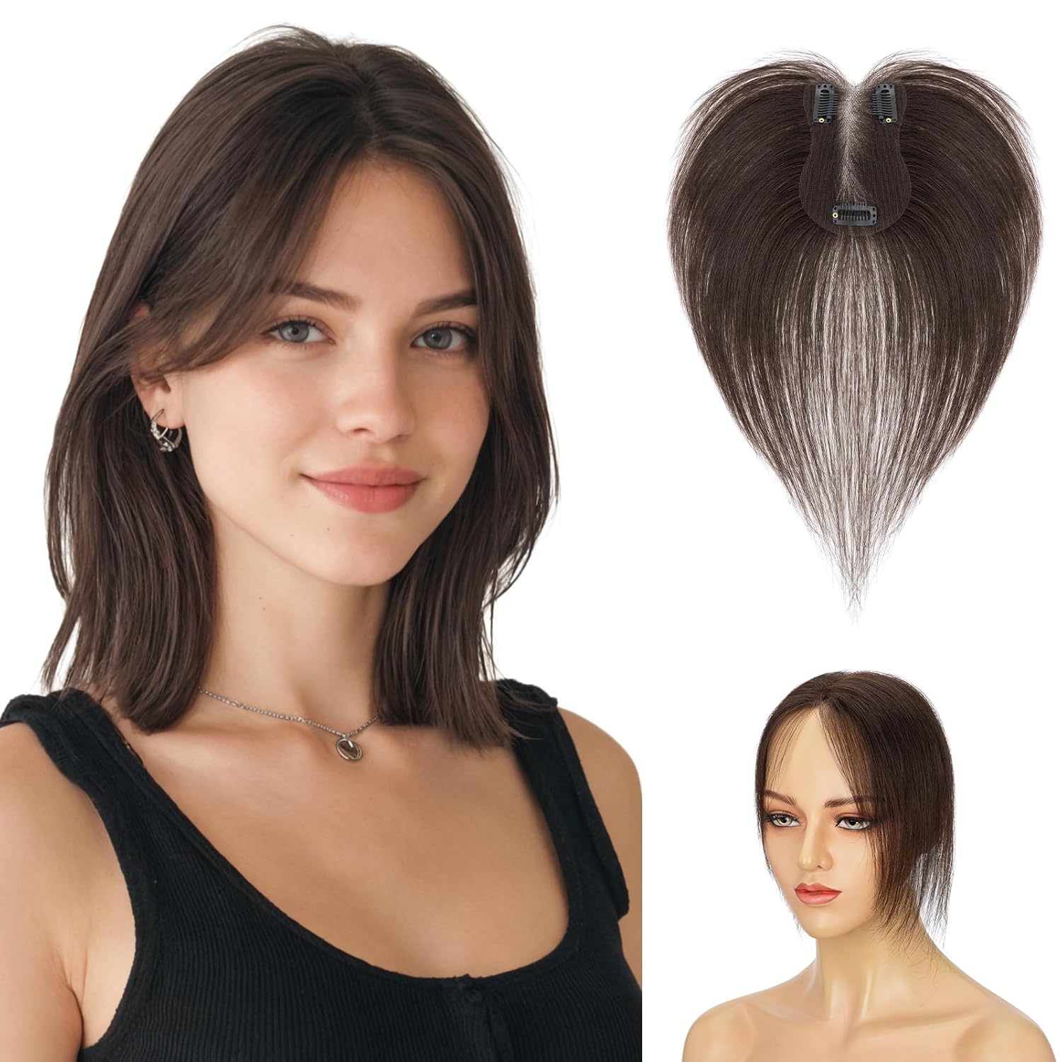 TOPPER DE CABELLO HUMANO HAIRRO CON FLEQUILLO 11 PULGADAS 14G CASTAÑO OSCURO - 1