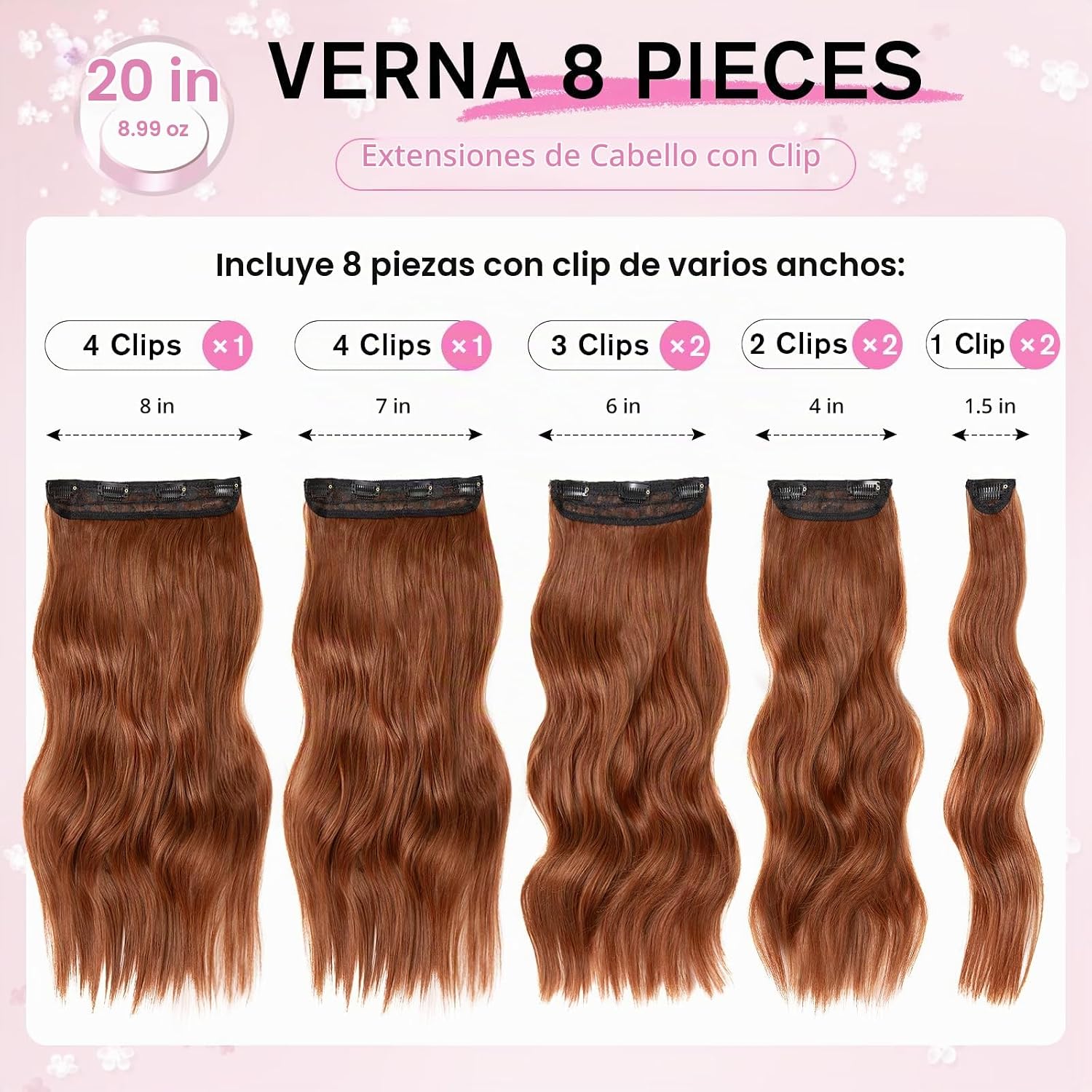 EXTENSIONES DE CABELLO CLIP IN ONDULADAS COBRE 20 PULGADAS 8 PIEZAS VERNA - 2