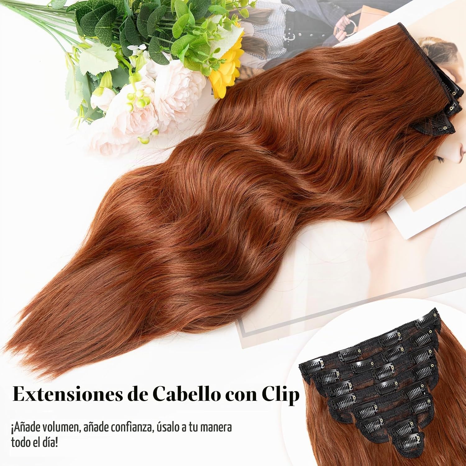 EXTENSIONES DE CABELLO CLIP IN ONDULADAS COBRE 20 PULGADAS 8 PIEZAS VERNA - 3