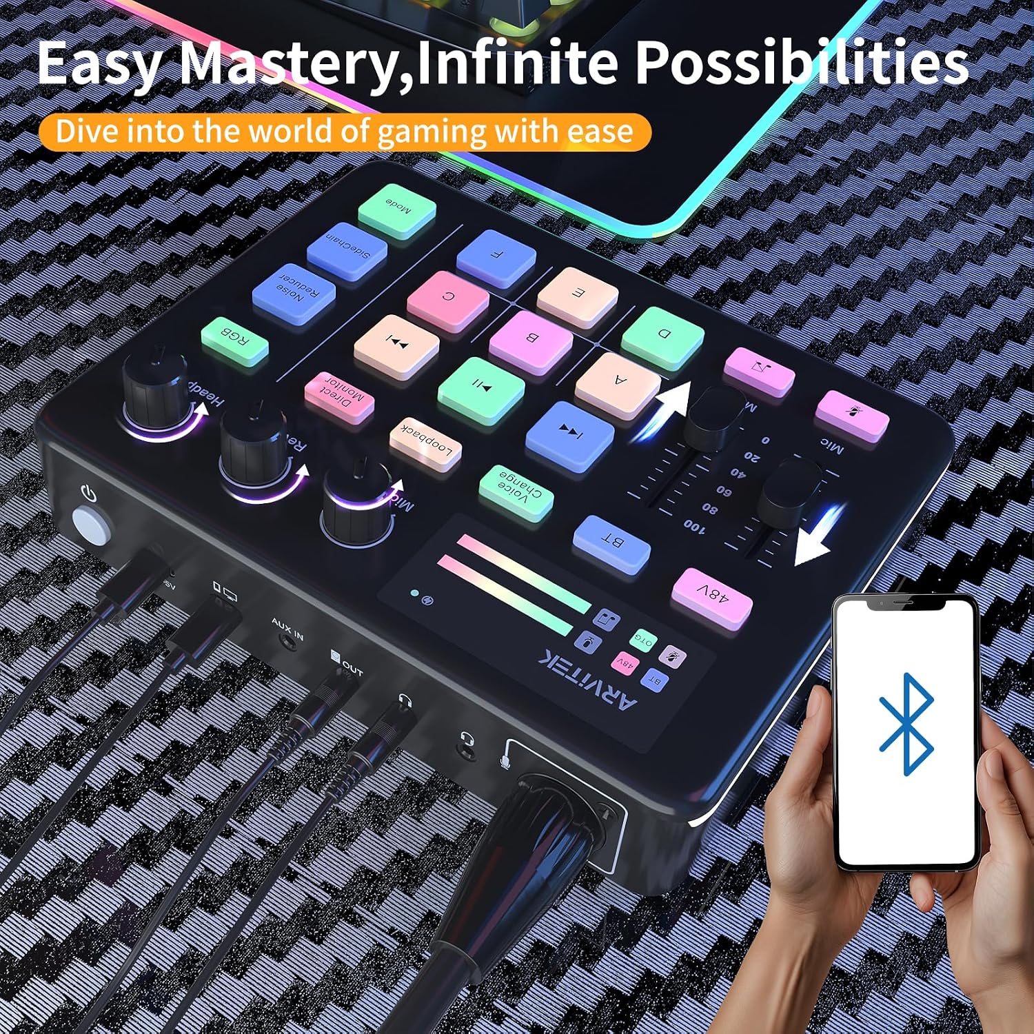 MEZCLADOR DE AUDIO ARVITEK GAMING AUDIO MIXER PARA PC CON EFECTOS RGB Y BLUETOOTH - 2