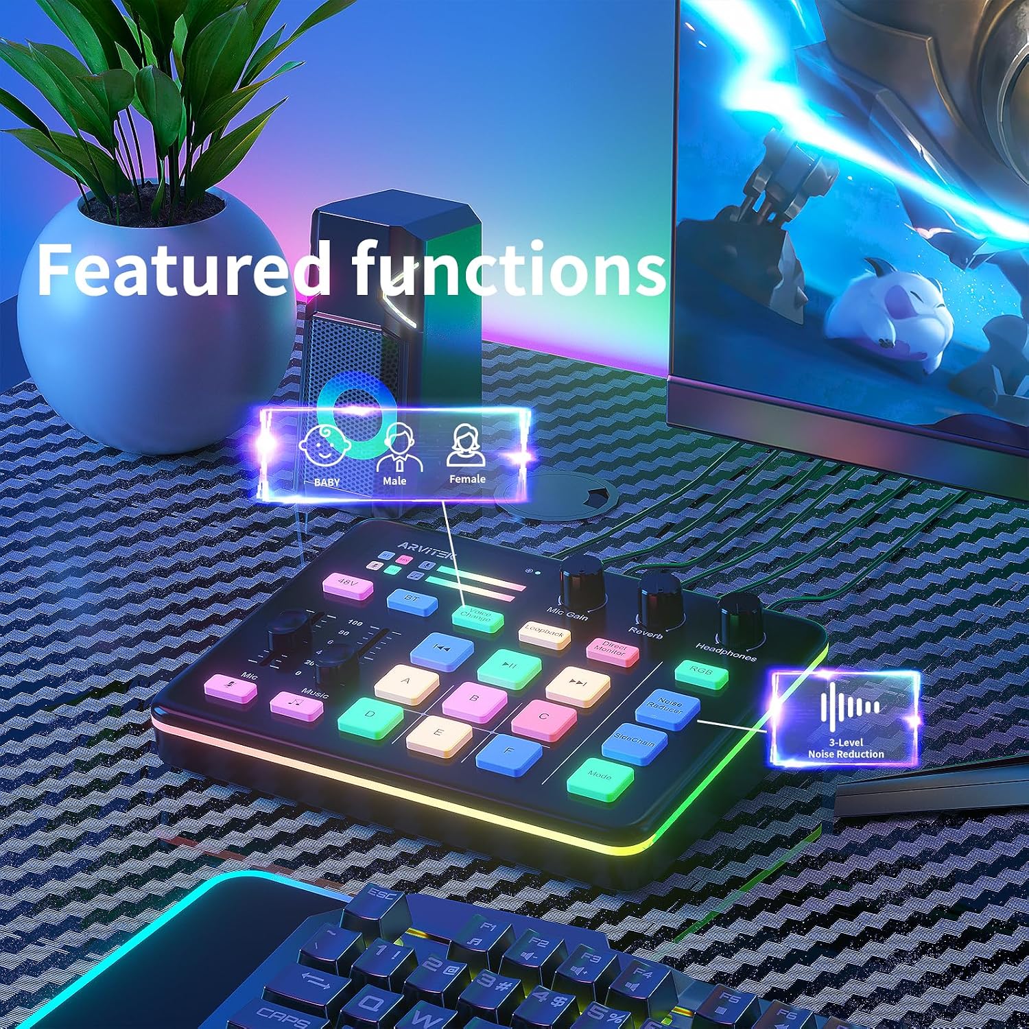MEZCLADOR DE AUDIO ARVITEK GAMING AUDIO MIXER PARA PC CON EFECTOS RGB Y BLUETOOTH - 3