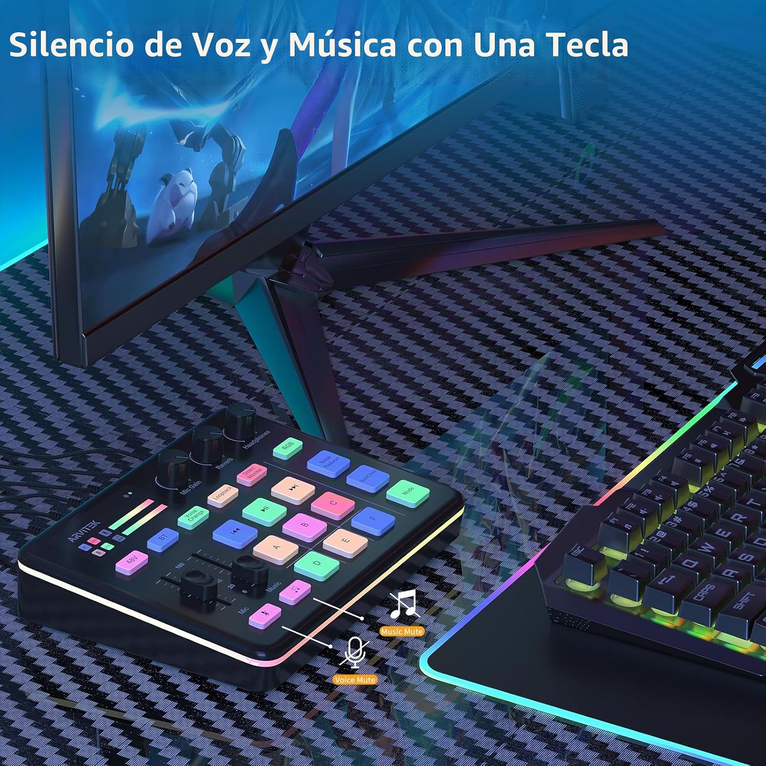 MEZCLADOR DE AUDIO ARVITEK GAMING AUDIO MIXER PARA PC CON EFECTOS RGB Y BLUETOOTH - 4
