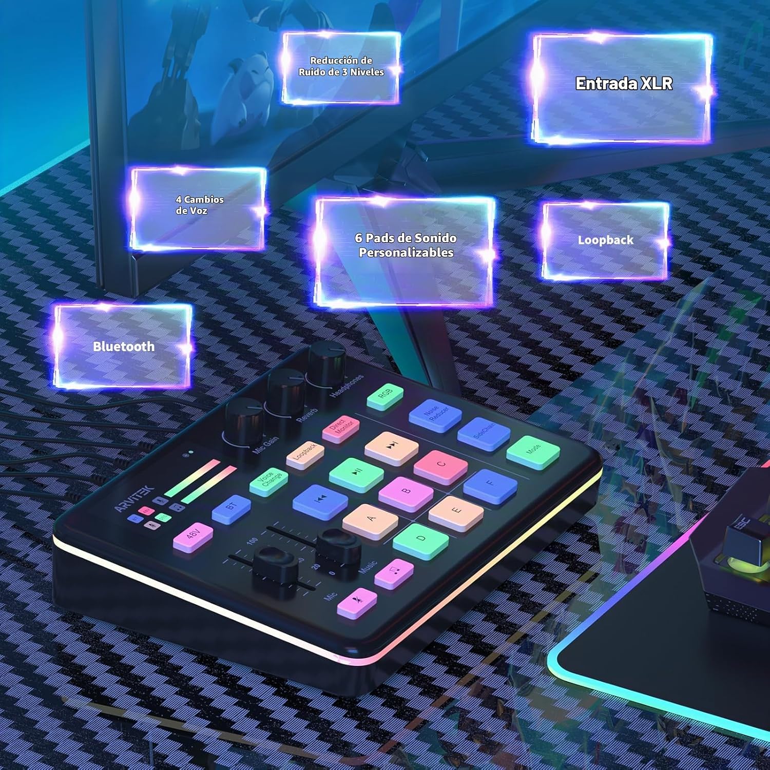 MEZCLADOR DE AUDIO ARVITEK GAMING AUDIO MIXER PARA PC CON EFECTOS RGB Y BLUETOOTH - 5