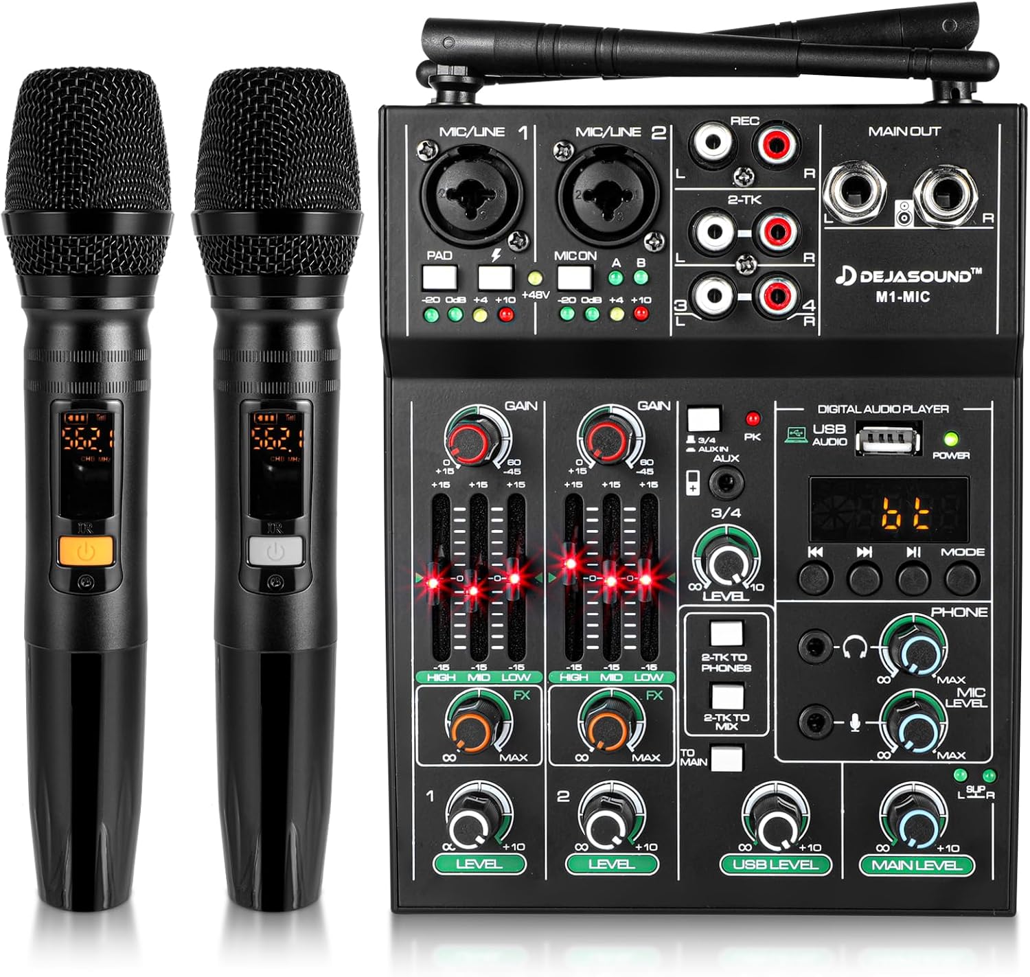 MEZCLADOR DE AUDIO 5 CANALES DEJASOUND PRO CON 2 MICRÓFONOS INALÁMBRICOS UHF - 1