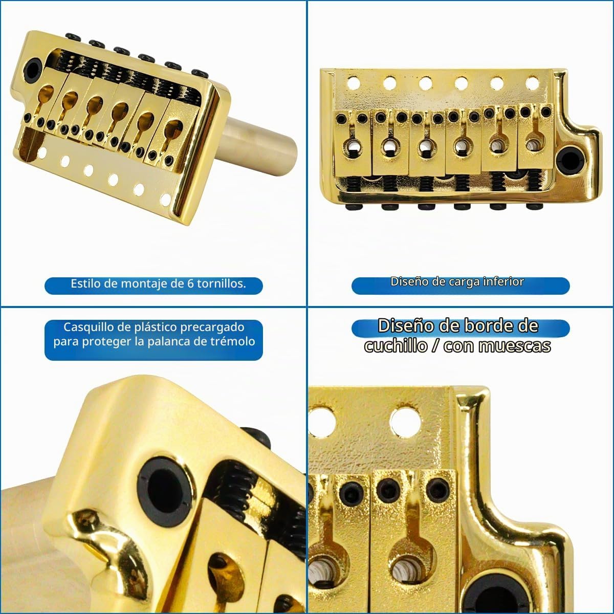 PUENTE TREMOLO PARA GUITARRA ELÉCTRICA ESTILO PRS 52.5MM LATÓN MACIZO 6 TORNILLOS DORADO - 5