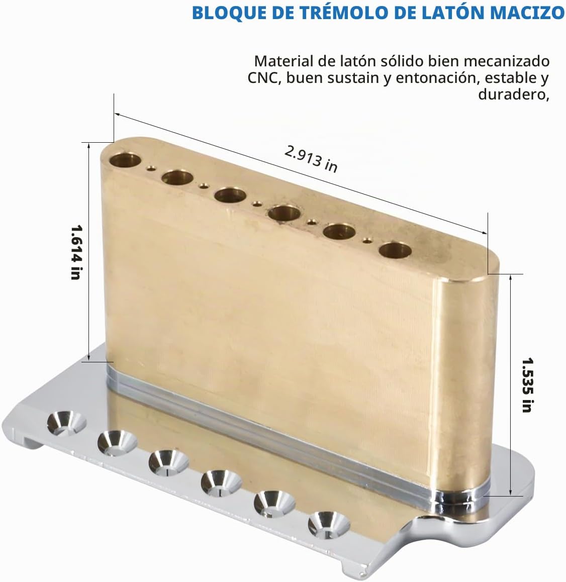 PUENTE TREMOLO PARA GUITARRA ELÉCTRICA ESTILO PRS 52.5MM LATÓN MACIZO 6 TORNILLOS PLATEADO - 2